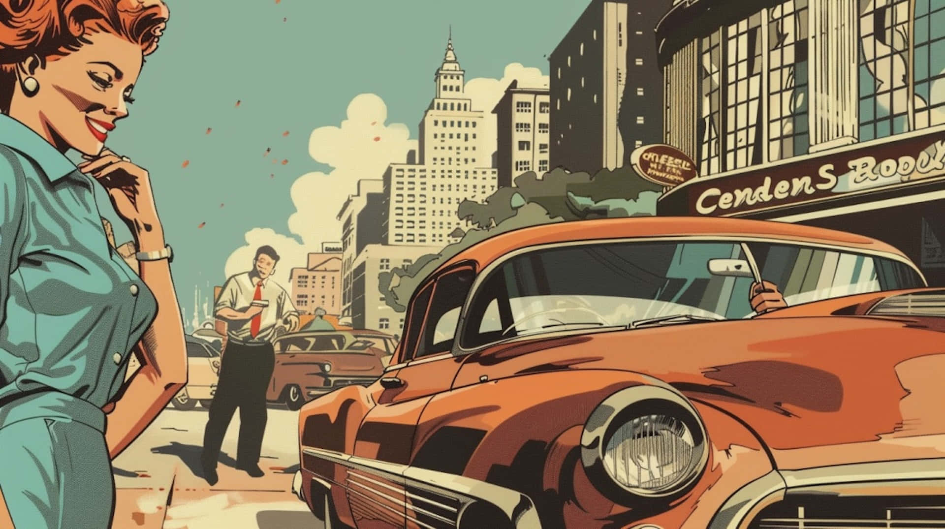 Retro Comic Cityscapewith Vintage Carand Characters Wallpaper