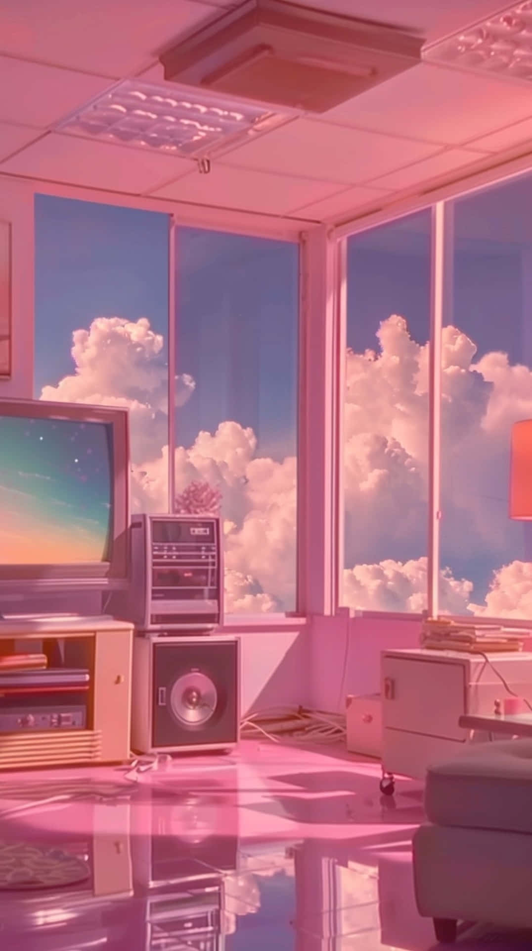 Retro_ Computer_ Room_with_ Pink_ Hues Wallpaper