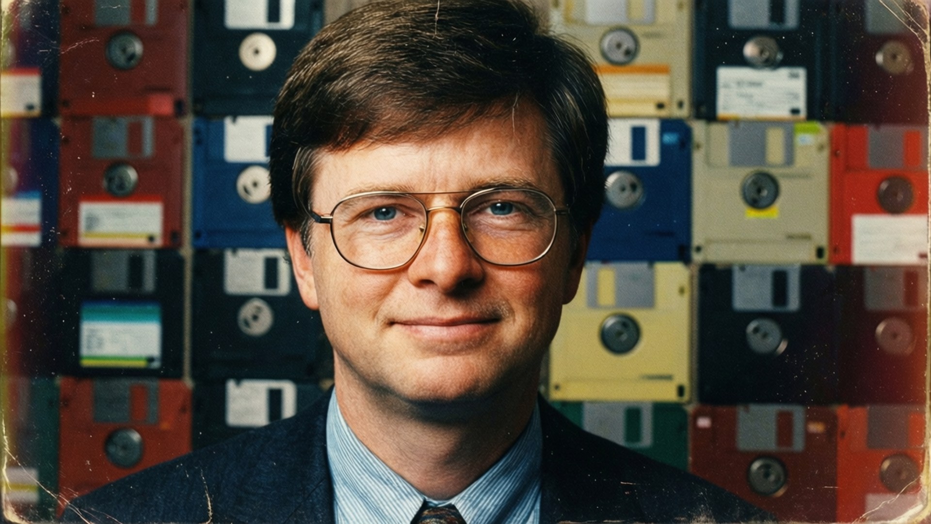 Vintage 80-luvun valokuva nuoresta Bill Gatesista levykkeiden kanssa.