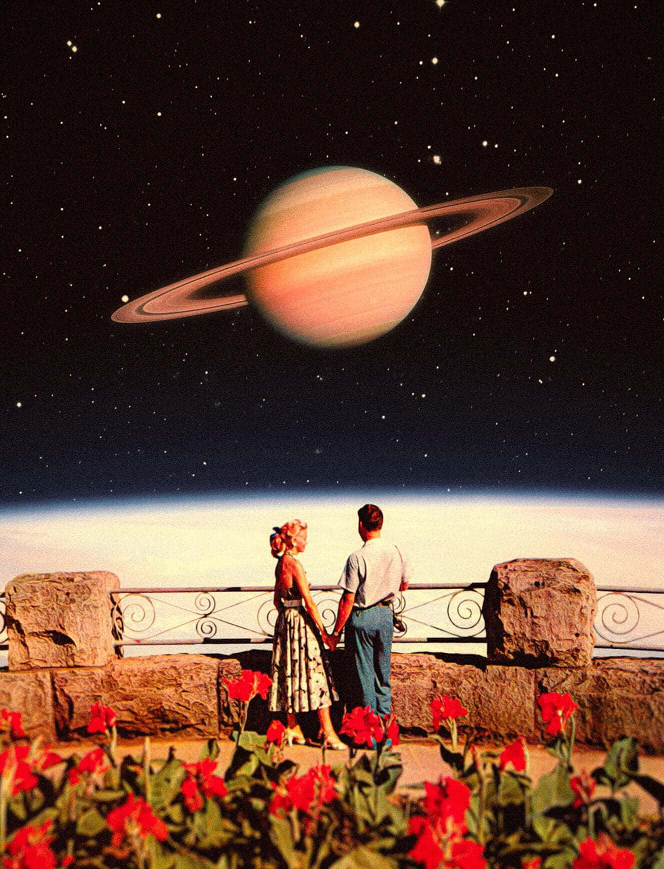 Retro Couple Gazingat Saturn Wallpaper