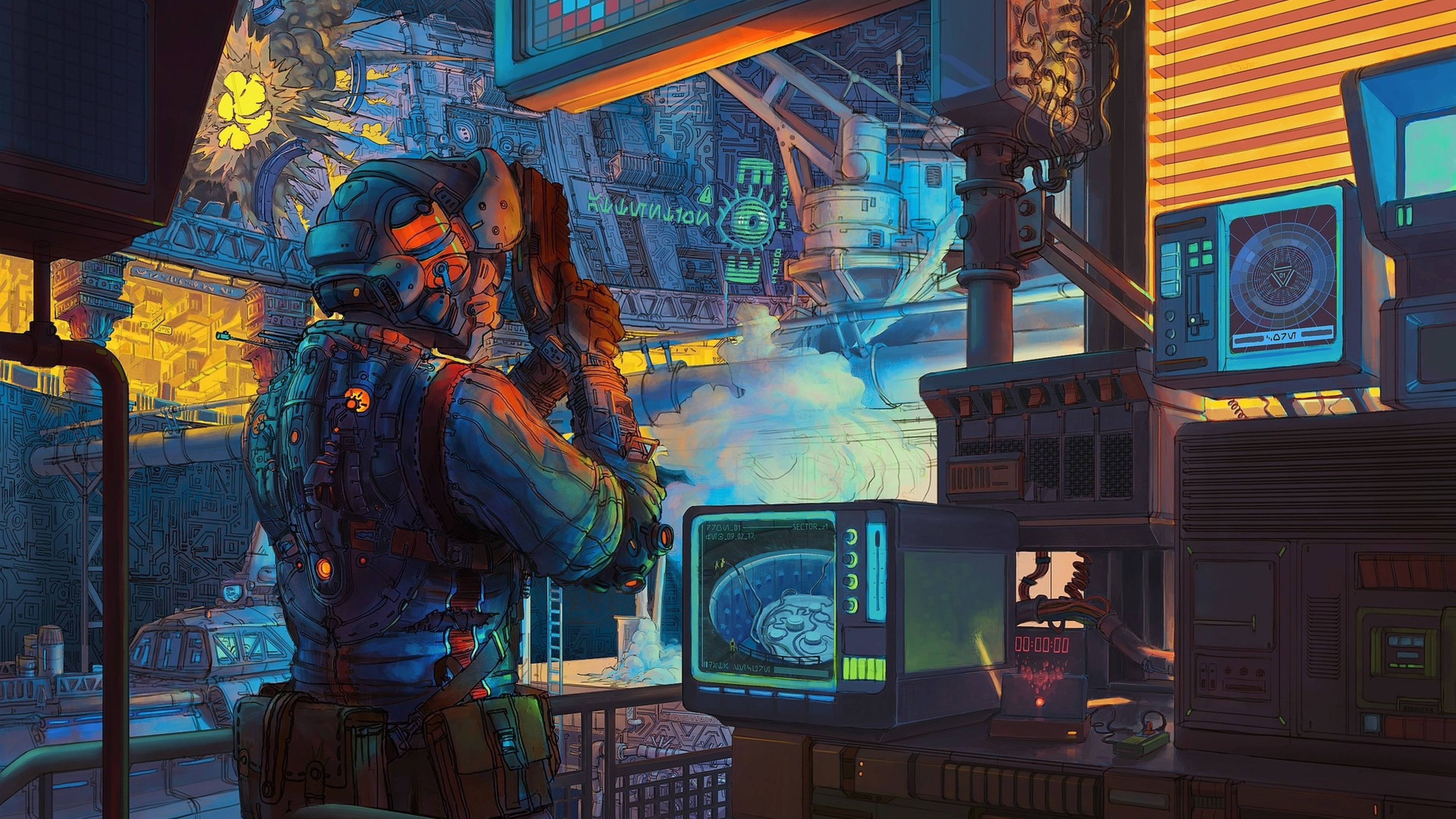 Retro Cyberpunk Warehouse Art 4K Wallpaper