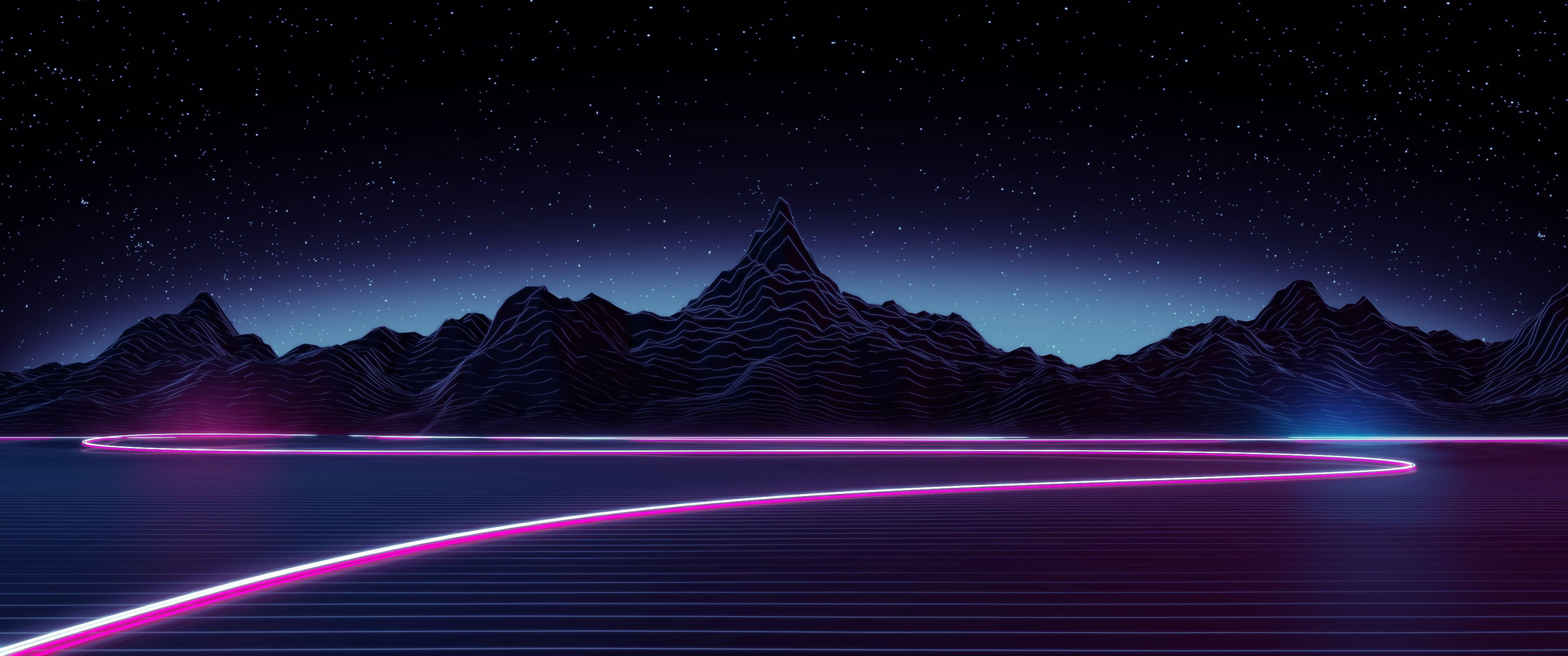 Retro Dark Mountain Neon Line 4k Wallpaper