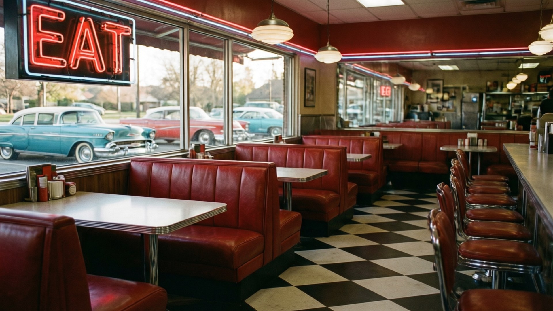 Diner retrò con cabine rosse e pavimento a scacchi, insegna al neon, auto d'epoca fuori. — Old Sfondi