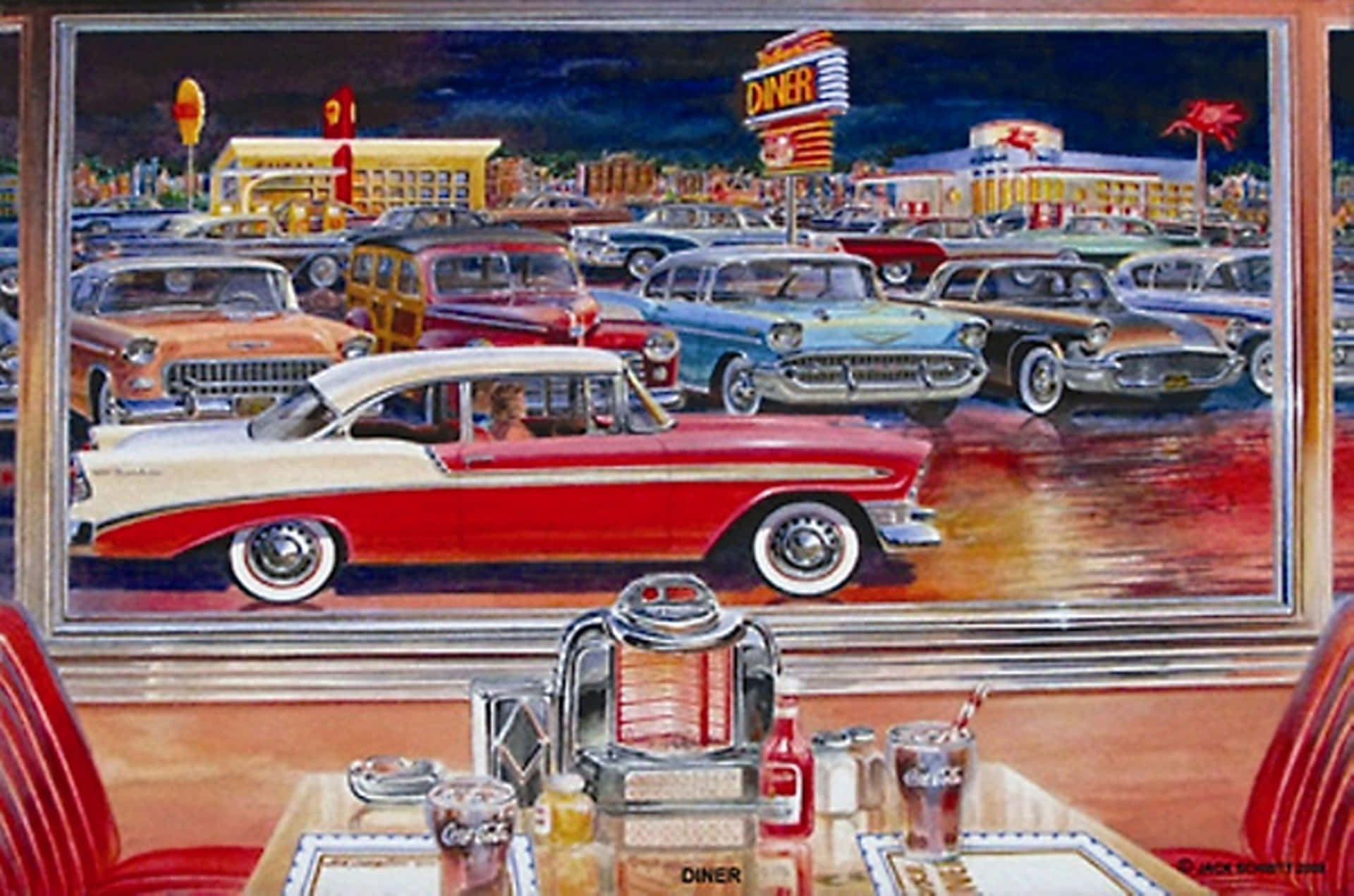 Retro Diner Vintage Biler Tapet: En blanding af retrofarvede amerikanske diner biler kombineret med et smukt vintage farvemønster. Wallpaper