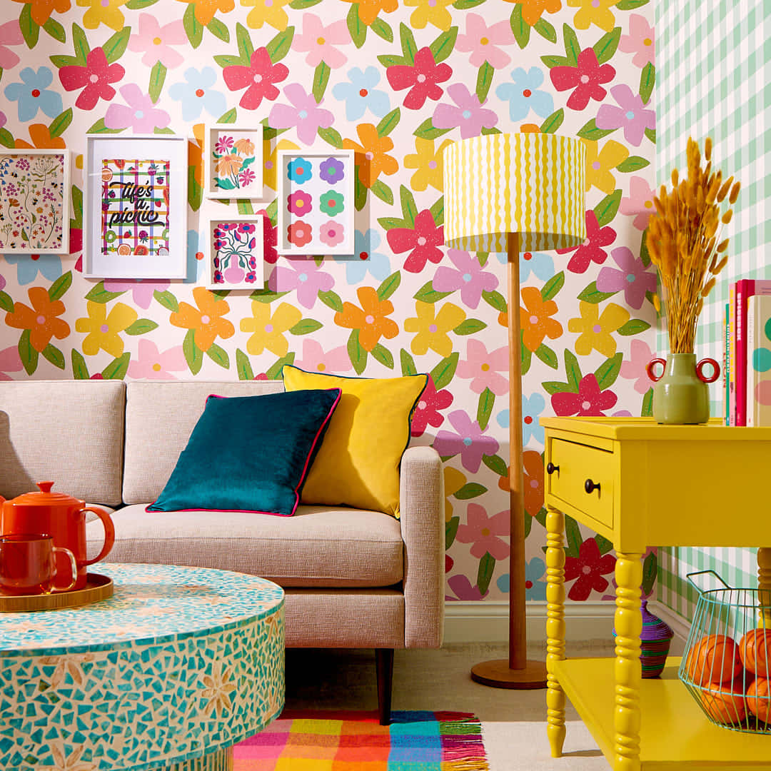 Retro Floral Living Room Decor Wallpaper