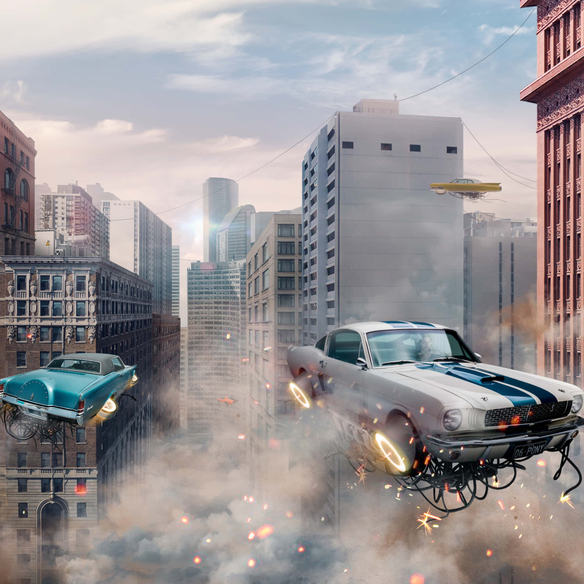 A Car Flying Through The Air In A City Wallpaper