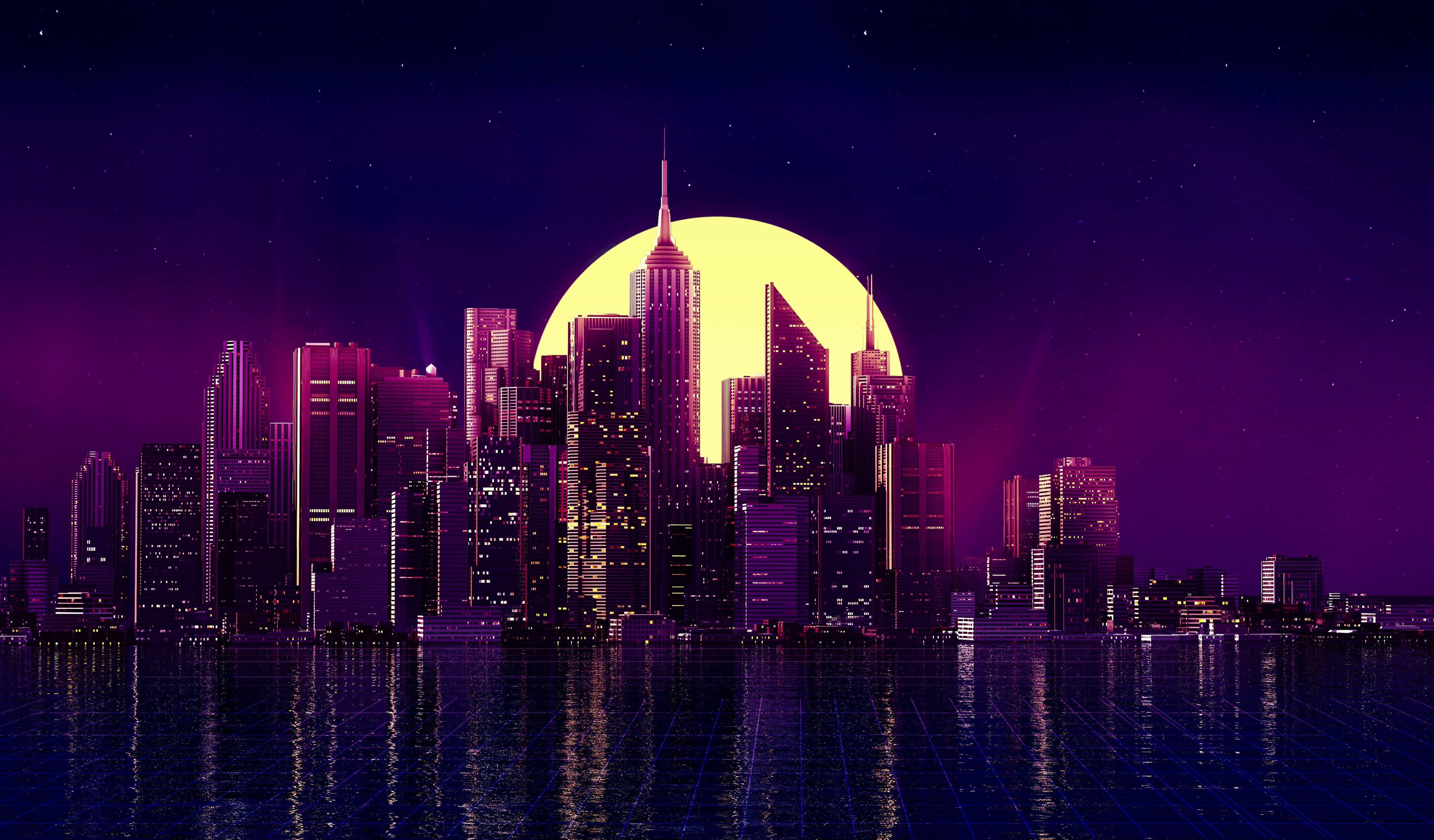 Retro Futuristic City Skyline Nightscape 4k Wallpaper