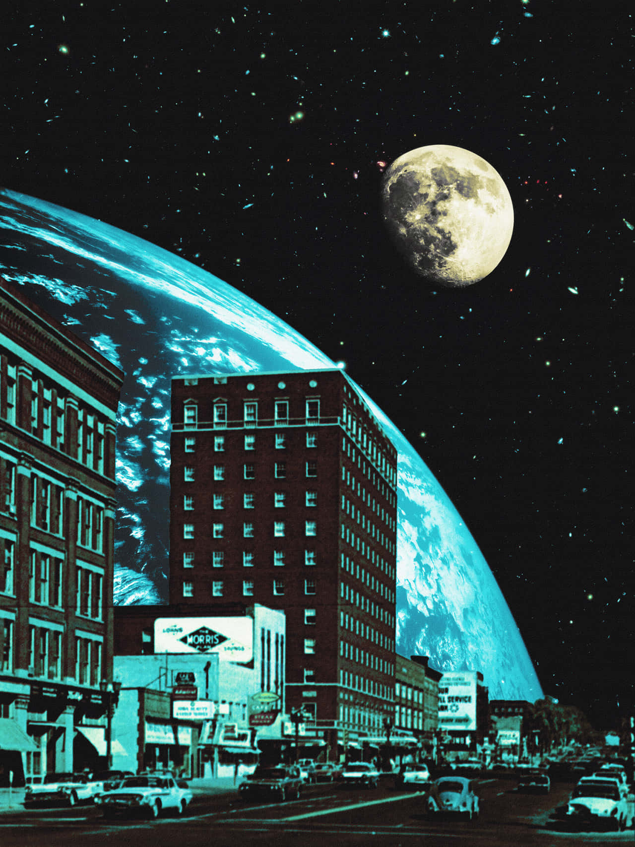 Retro Futuristic Cityscapewith Earthand Moon Wallpaper