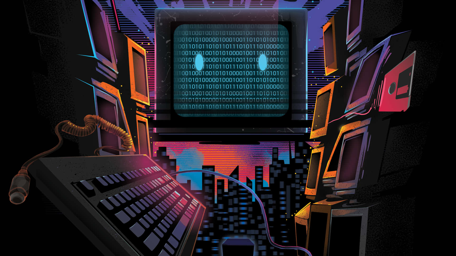 Setup Komputer Retro Futuristik Wallpaper