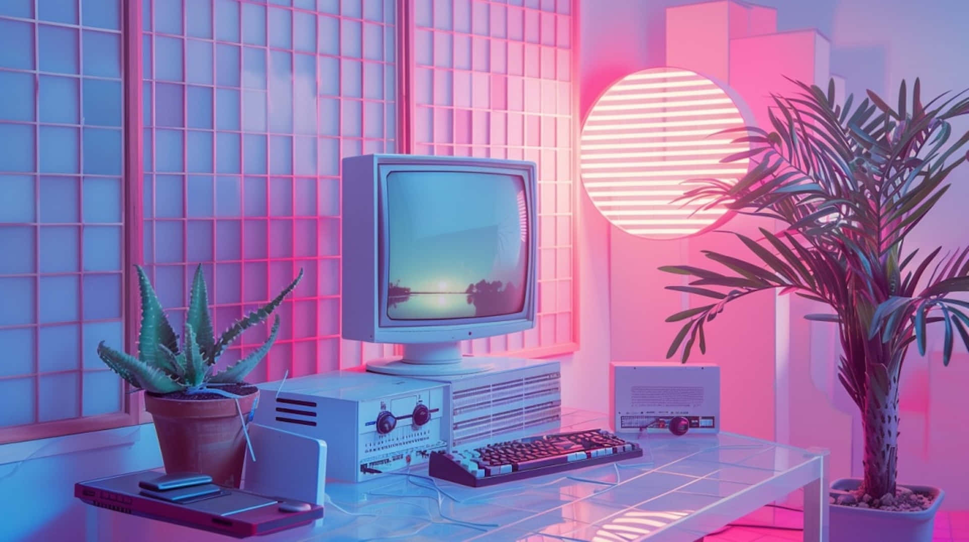 Retro Futuristic Computer Setup Wallpaper