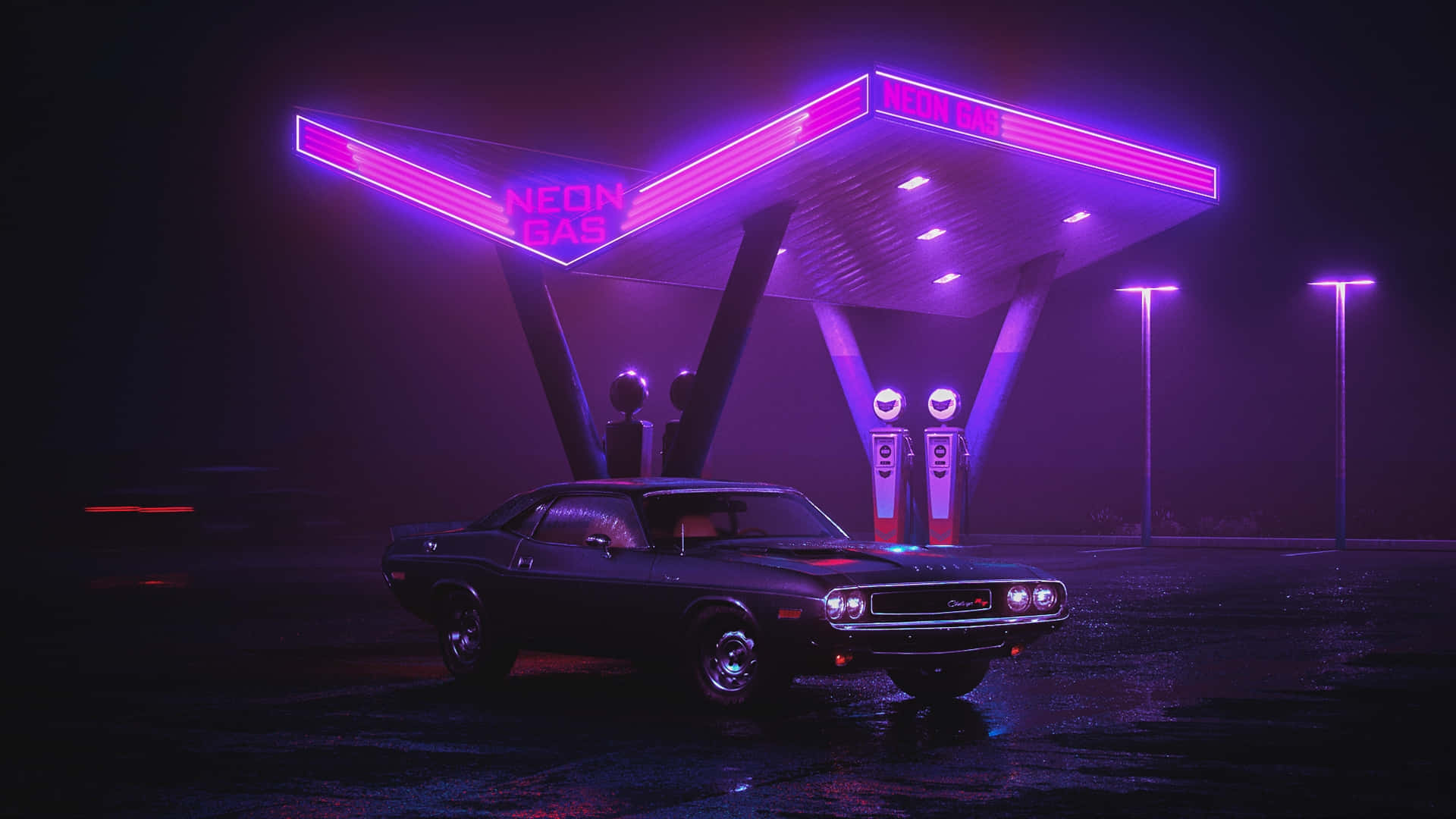 Retro Futuristic Neon Gas Station Wallpaper