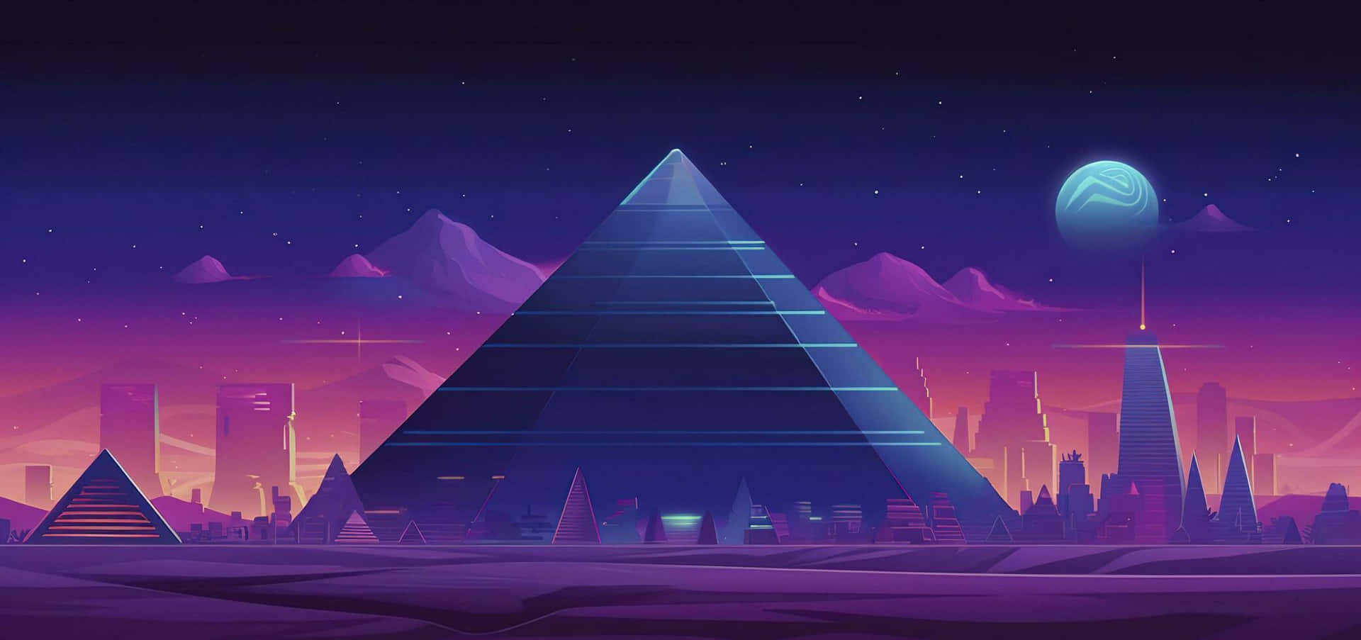 Retro Futuristic Neon Pyramids Landscape Wallpaper