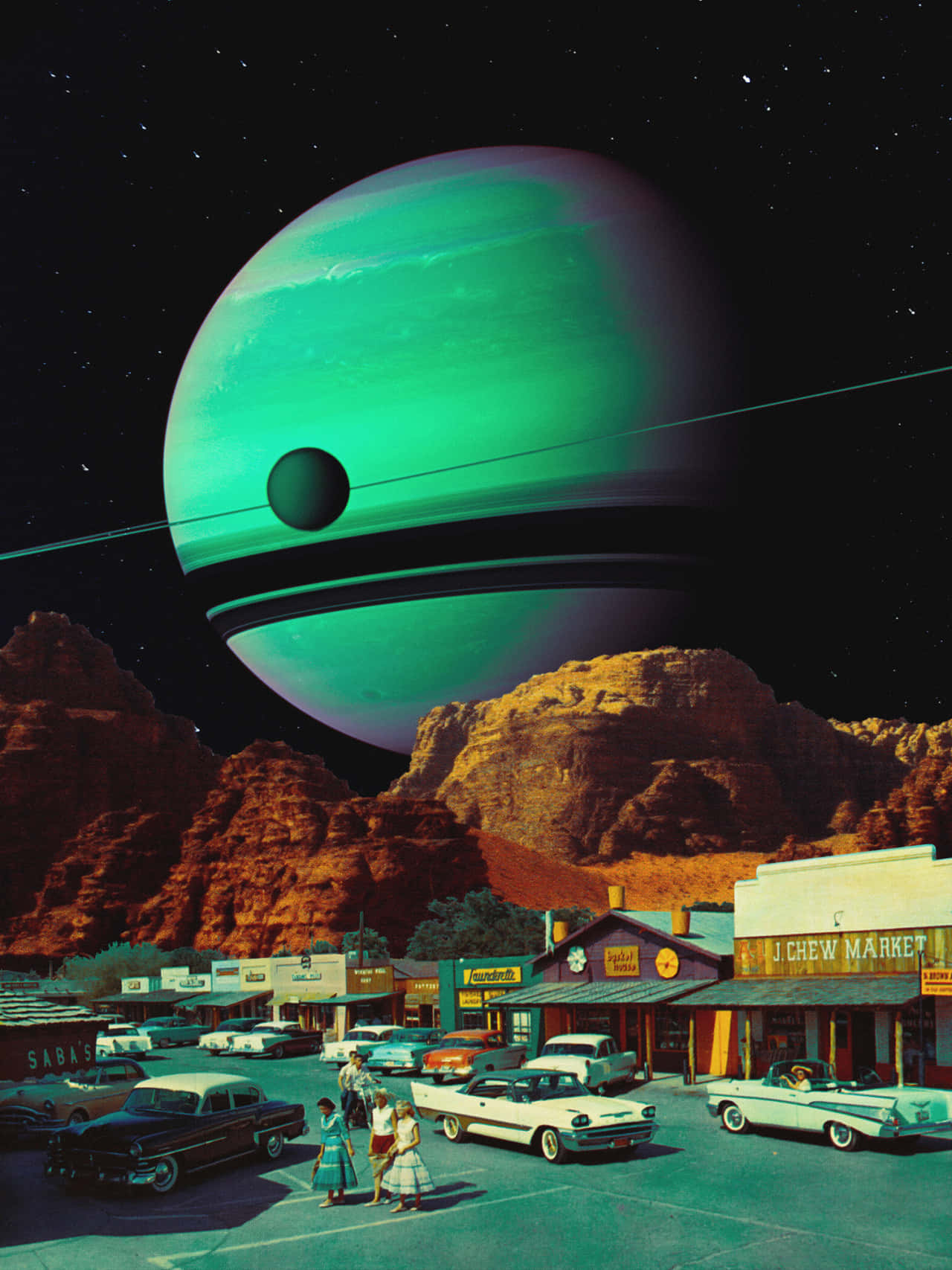 Retro Futuristic Saturn Over Midcentury Town.jpg Wallpaper