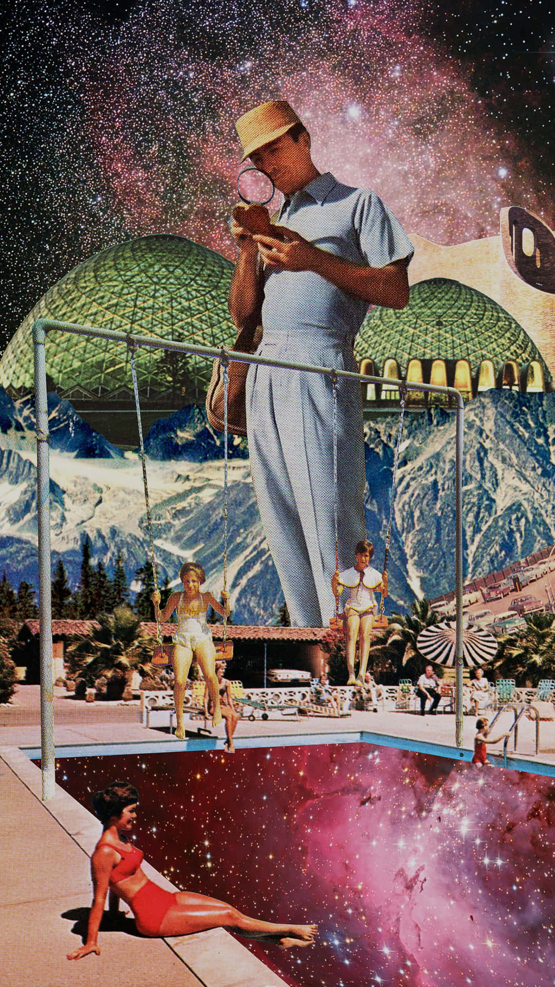 Retro Futuristic Space Resort Collage Wallpaper
