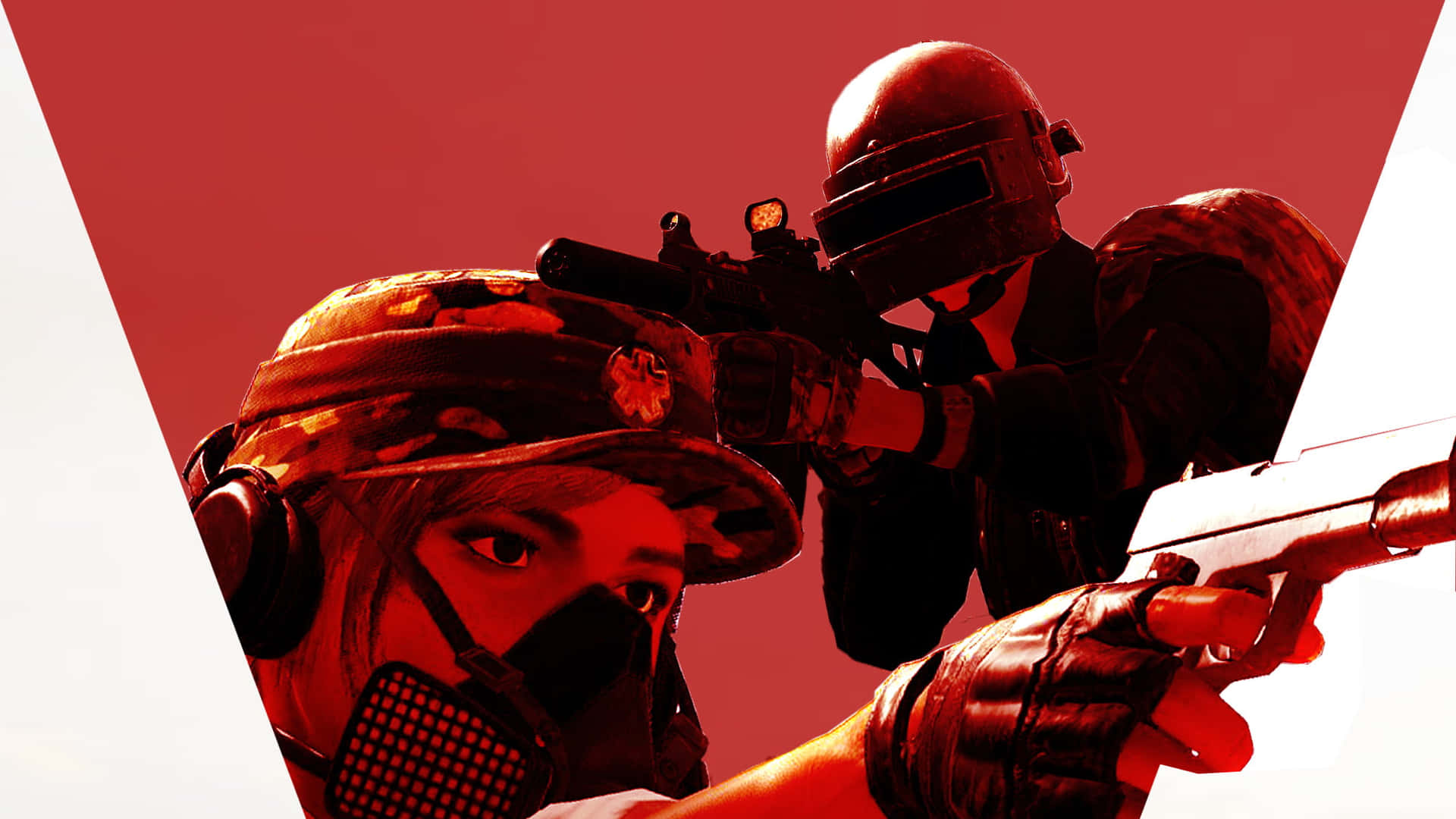 En mand og kvinde, der holder et gevær foran en rød baggrund Wallpaper