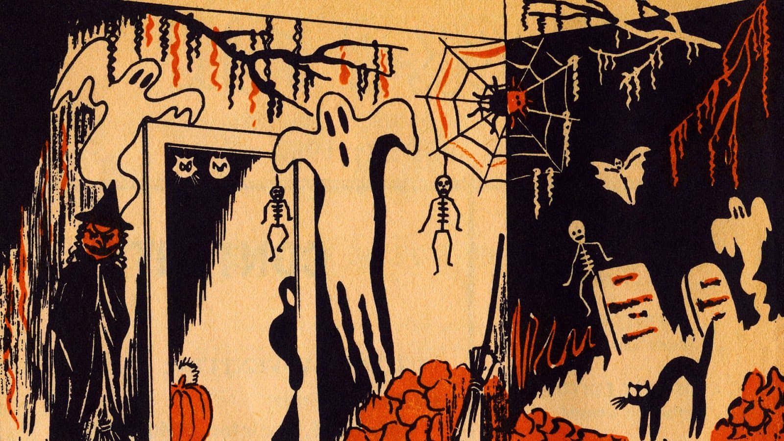 Retro Halloween Scene Vintage Illustration Wallpaper