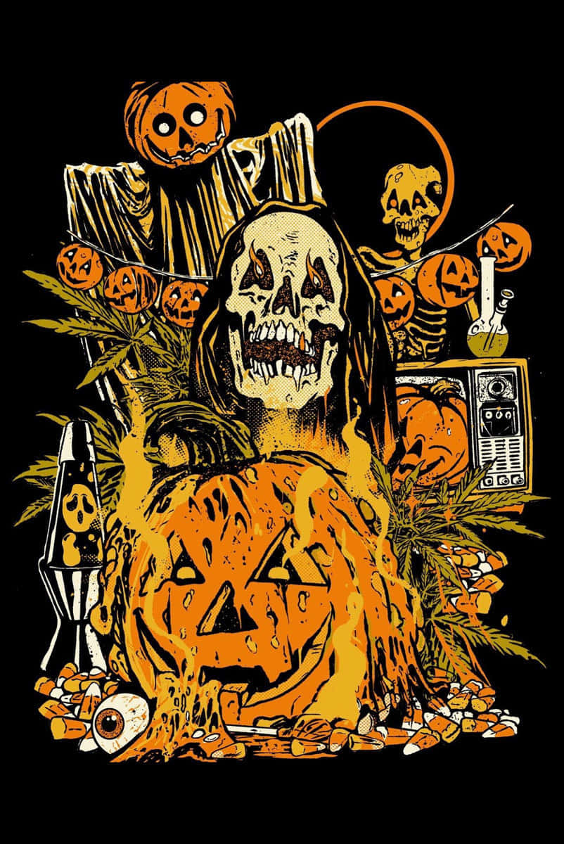 Retro Halloween Skulland Pumpkins Wallpaper