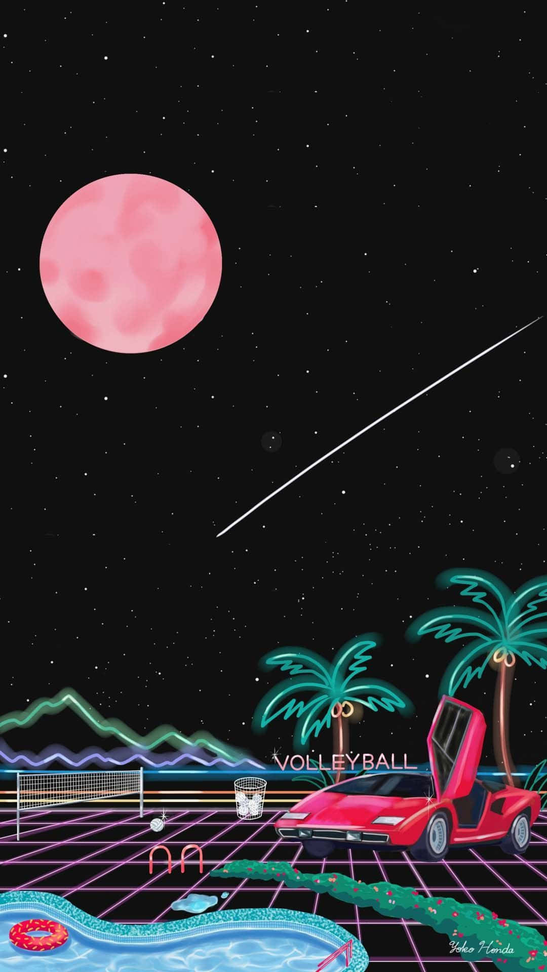 Einpinkes Auto Mit Einem Pinken Mond Im Hintergrund. Wallpaper