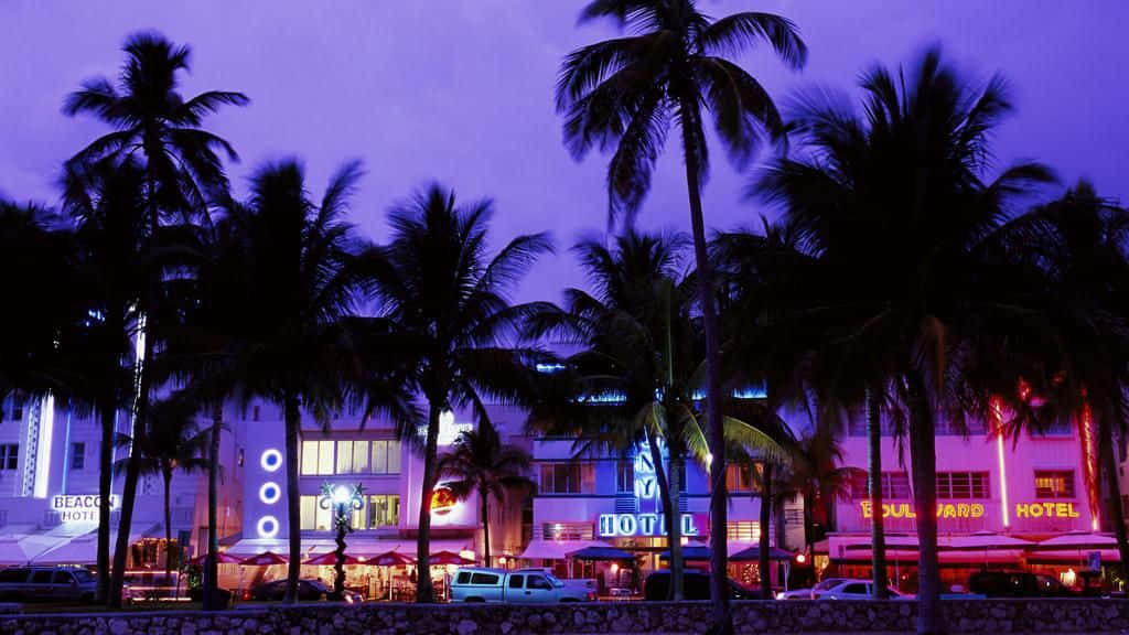 Característicade Brillantes Luces De Neón Que Evocan El Estilo Retro De Miami. Fondo de pantalla