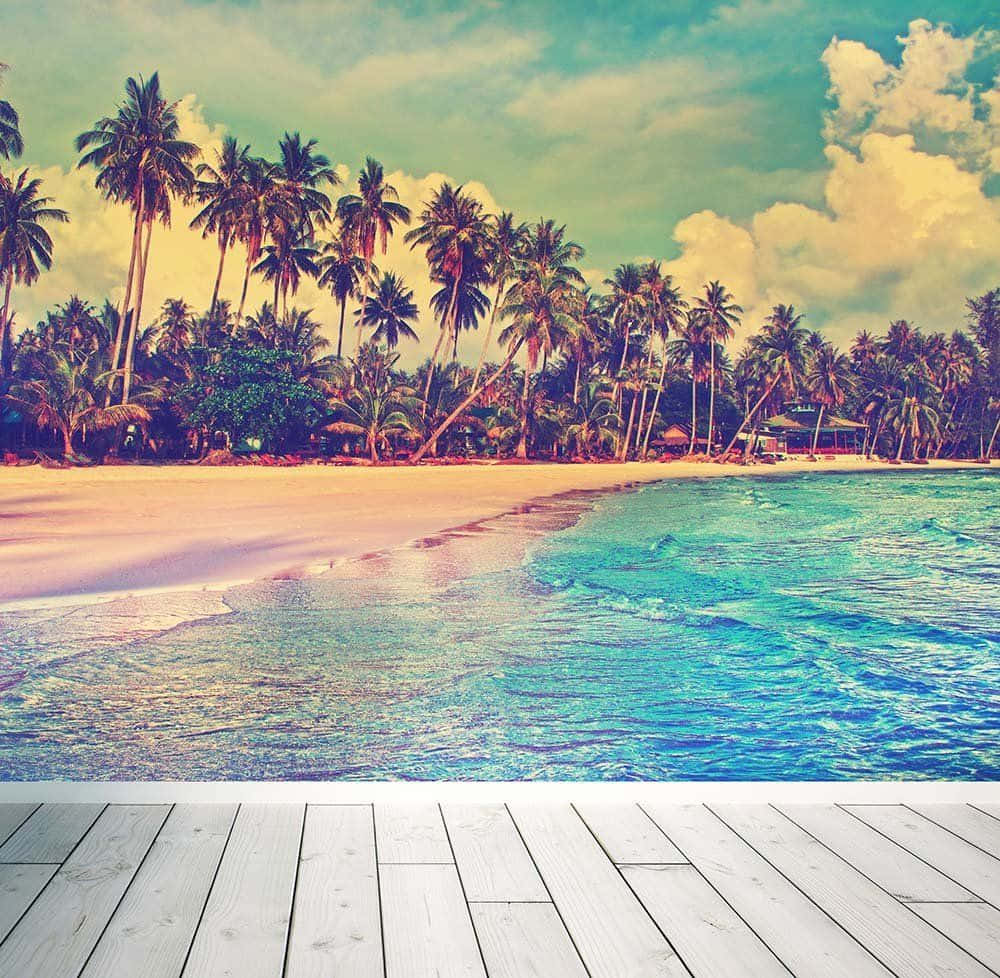 A Tropical Beach Scene With Palm Trees And A Wooden Floor Wallpaper