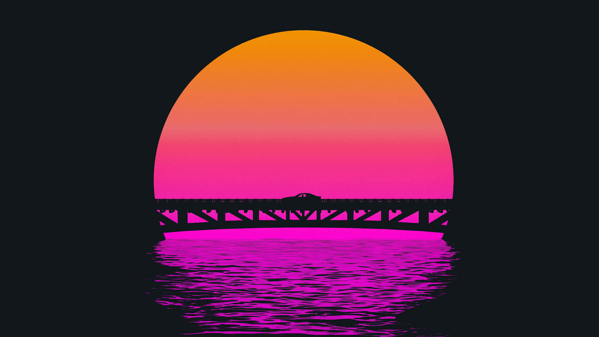 Retro Neon Zonsondergang Brug Silhouet Achtergrond