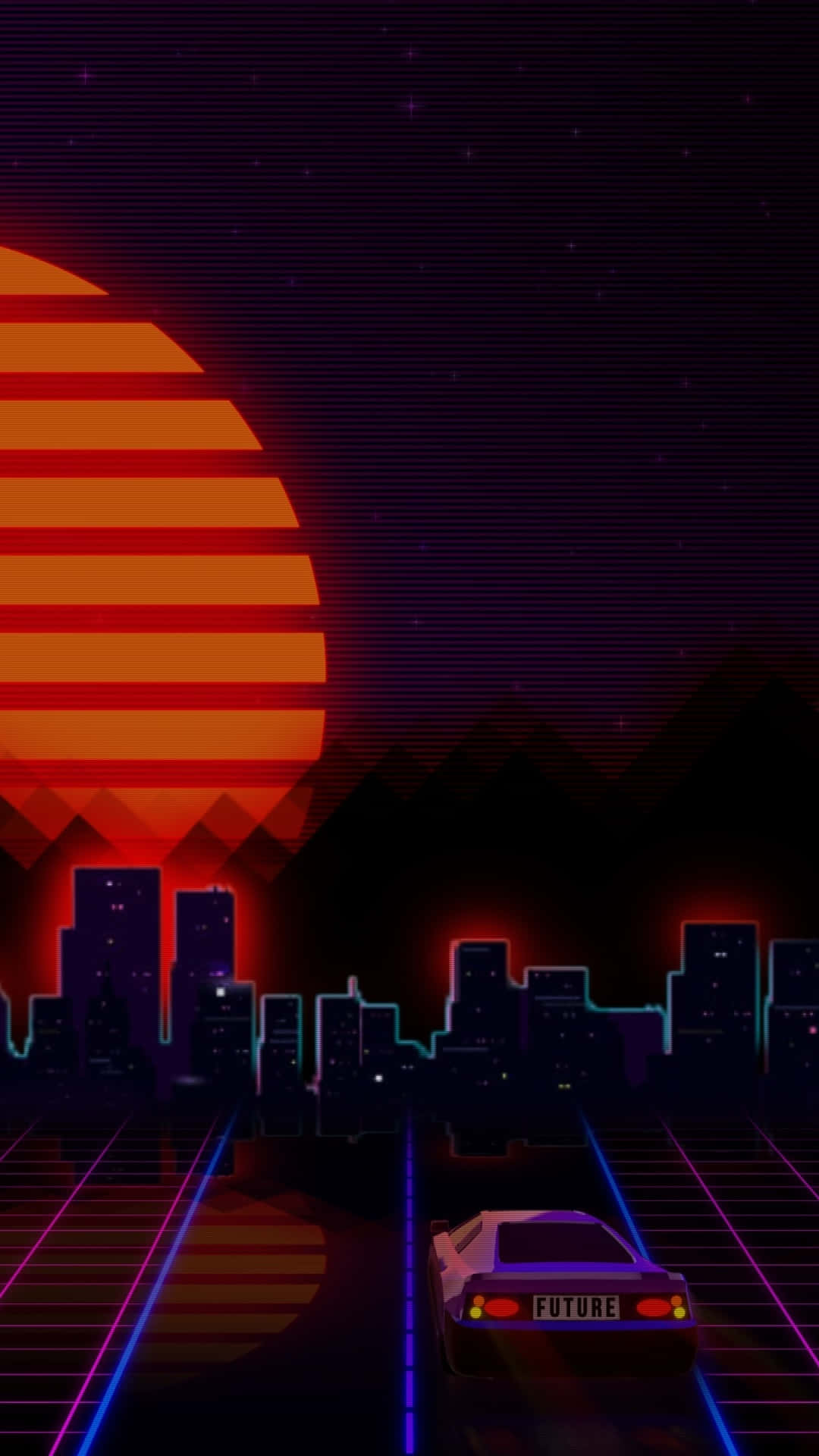 A Car Driving In The City At Night With A Neon Sunset Wallpaper