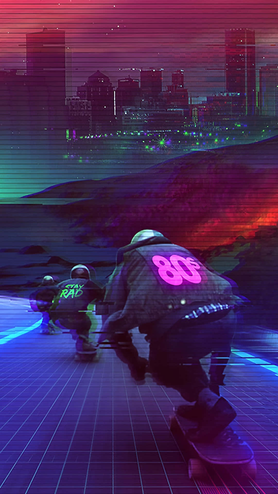 A Skateboarder Is Riding Down A Street With Neon Lights Wallpaper
