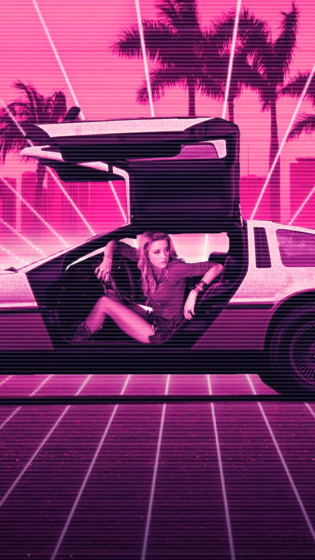 Einefrau Sitzt In Einem Pinken Auto Mit Palmen. Wallpaper