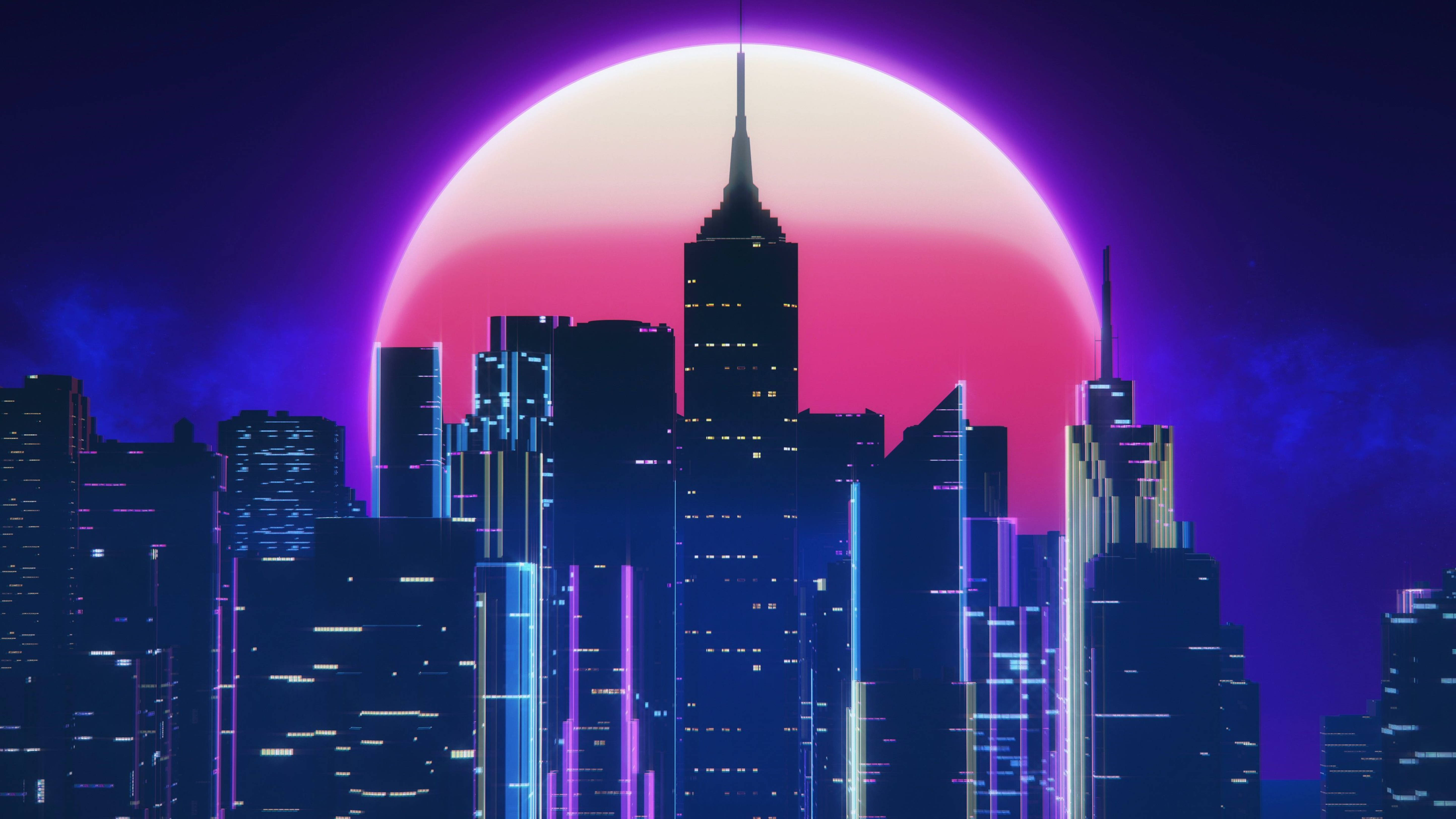 Retro Pink Moon City Buildings 4k Wallpaper