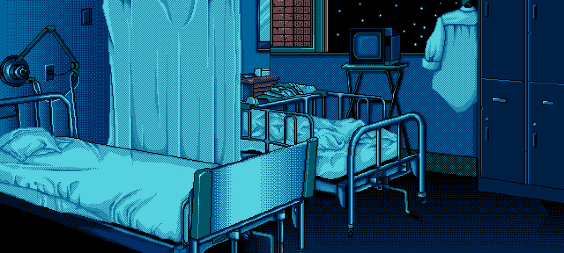 Camade Hospital Con Estilo Pixelado Retro Y Cielo Nocturno. Fondo de pantalla