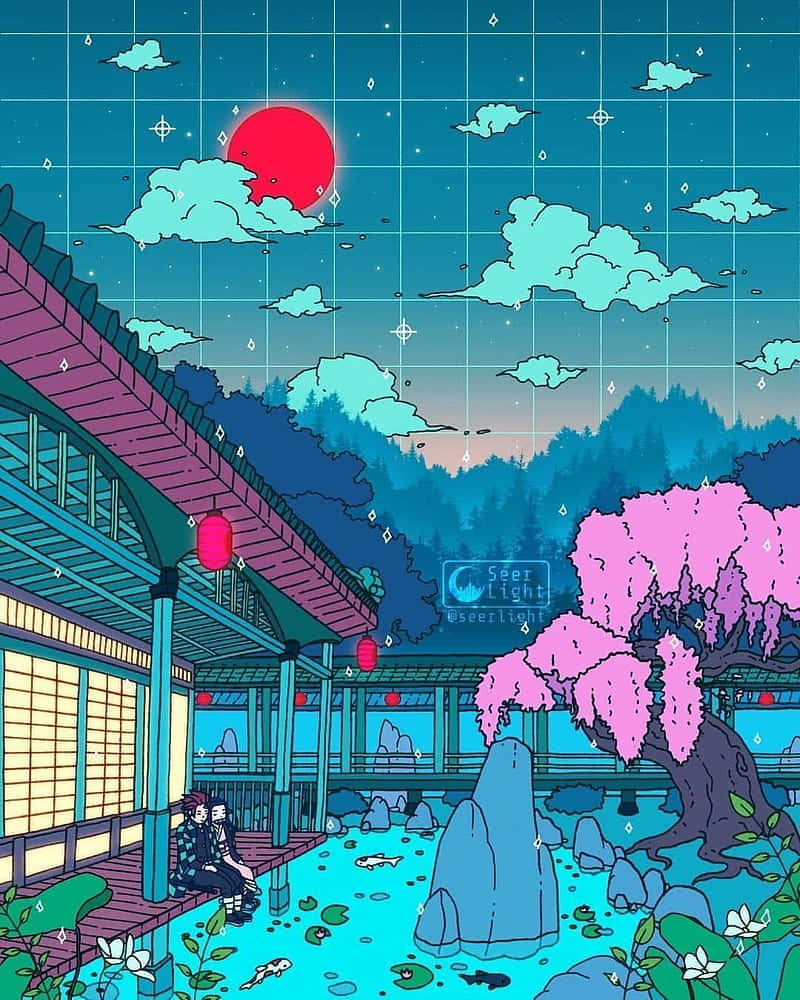 Retro Pixelated Tokyo Anime Temple Wallpaper