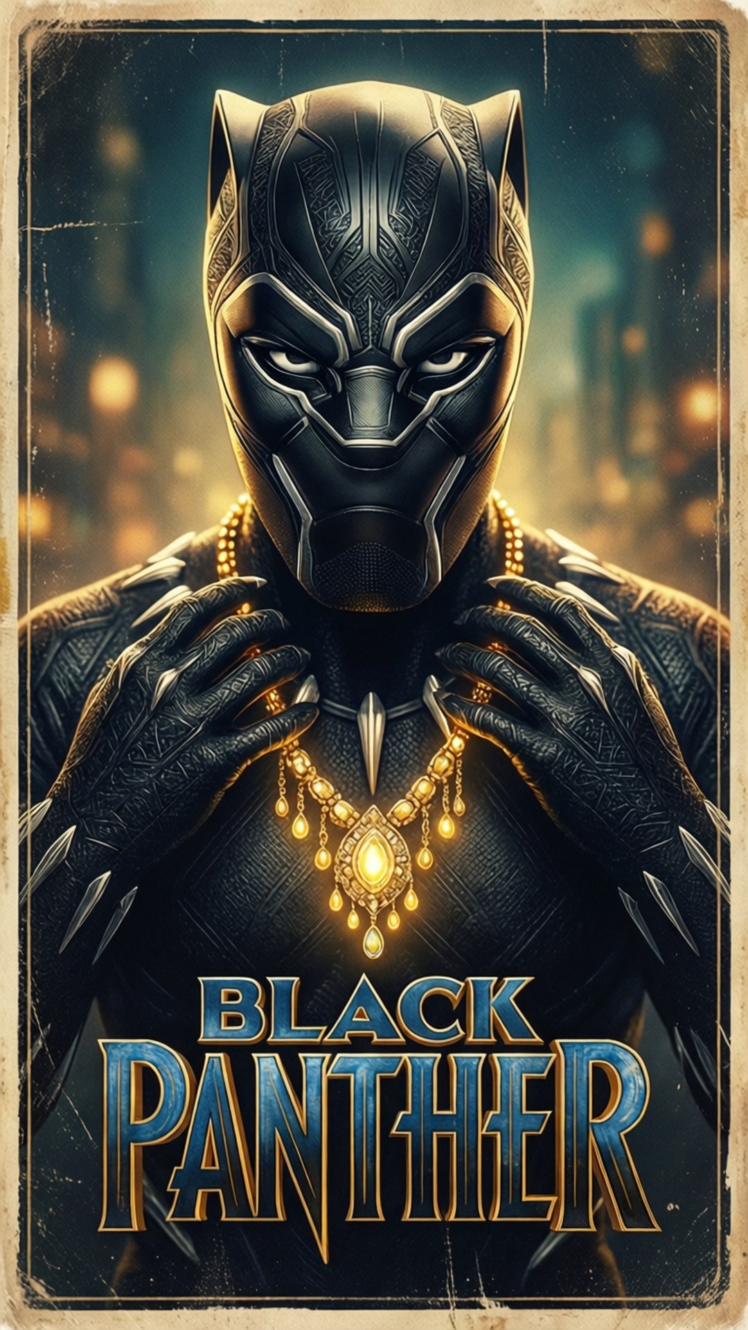 Retro movie poster of Black Panther with a glowing necklace and bold title.