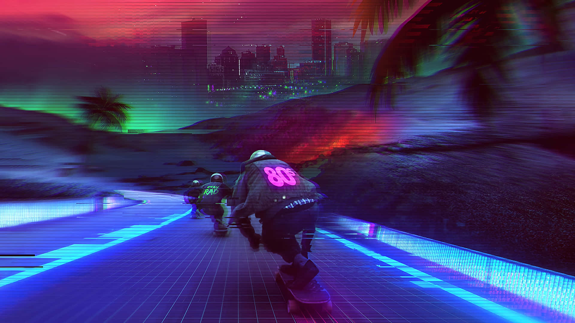 A Skateboarder Is Riding Down A Road With Neon Lights Wallpaper