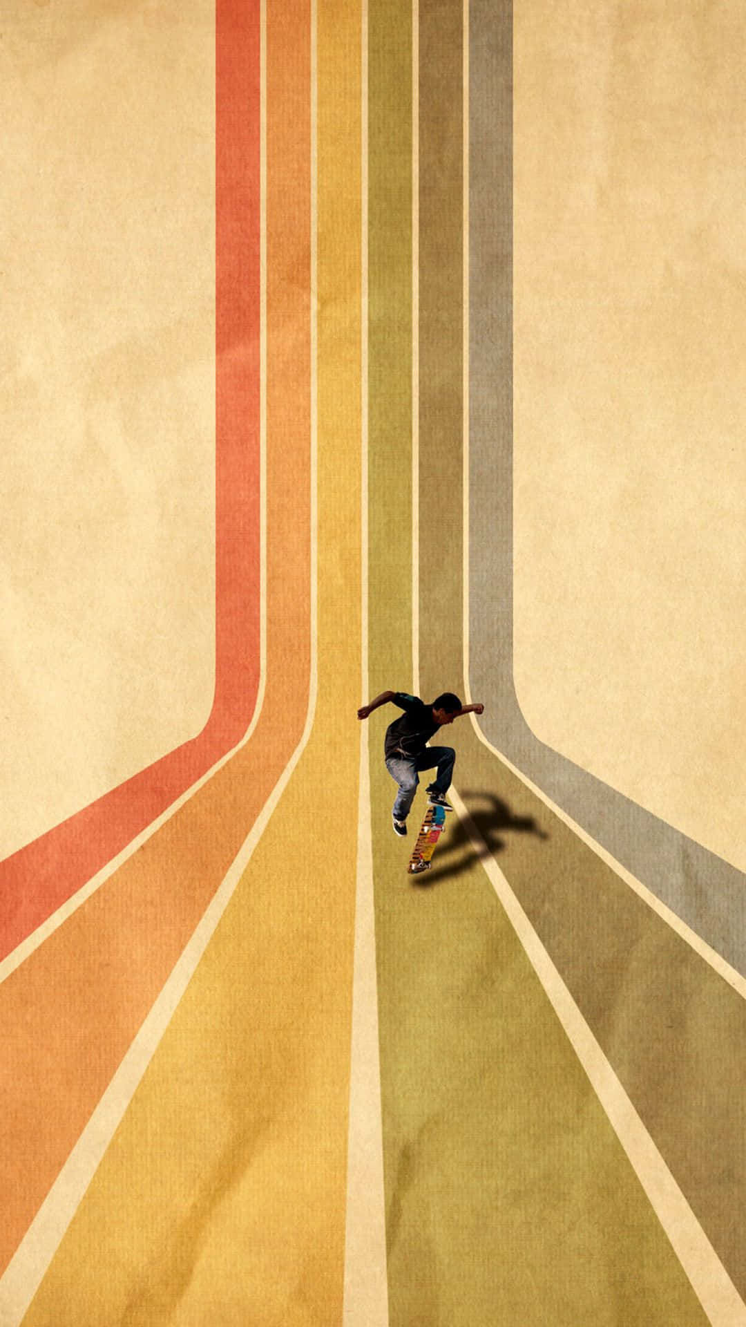 En skateboarder kører ned ad en farverig stribe-sti. Wallpaper