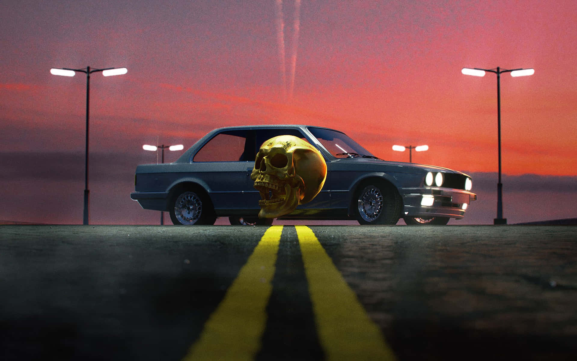 Retro Skull Car Sunset Scene Wallpaper