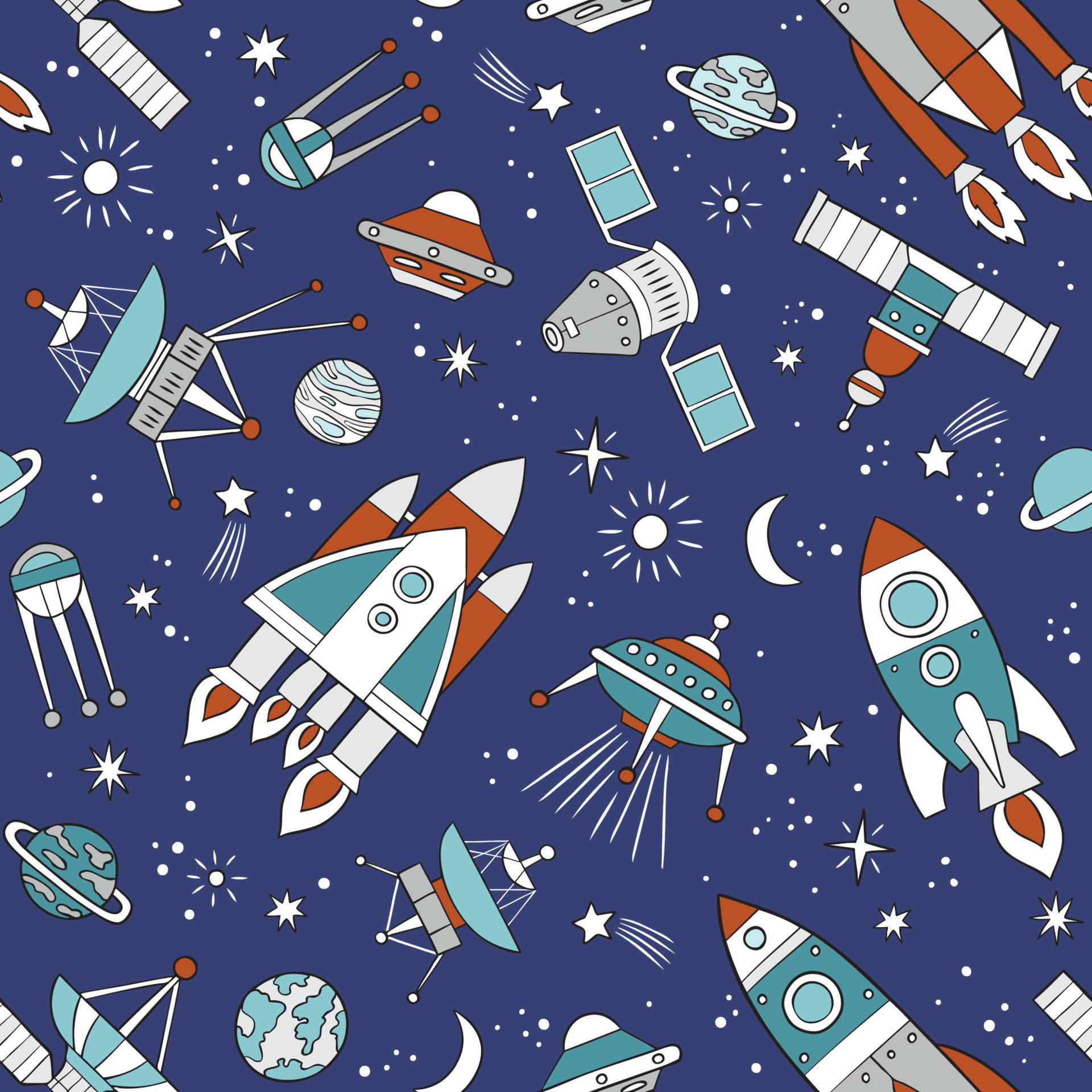 A Space Themed Pattern With Spaceships And Rockets Wallpaper