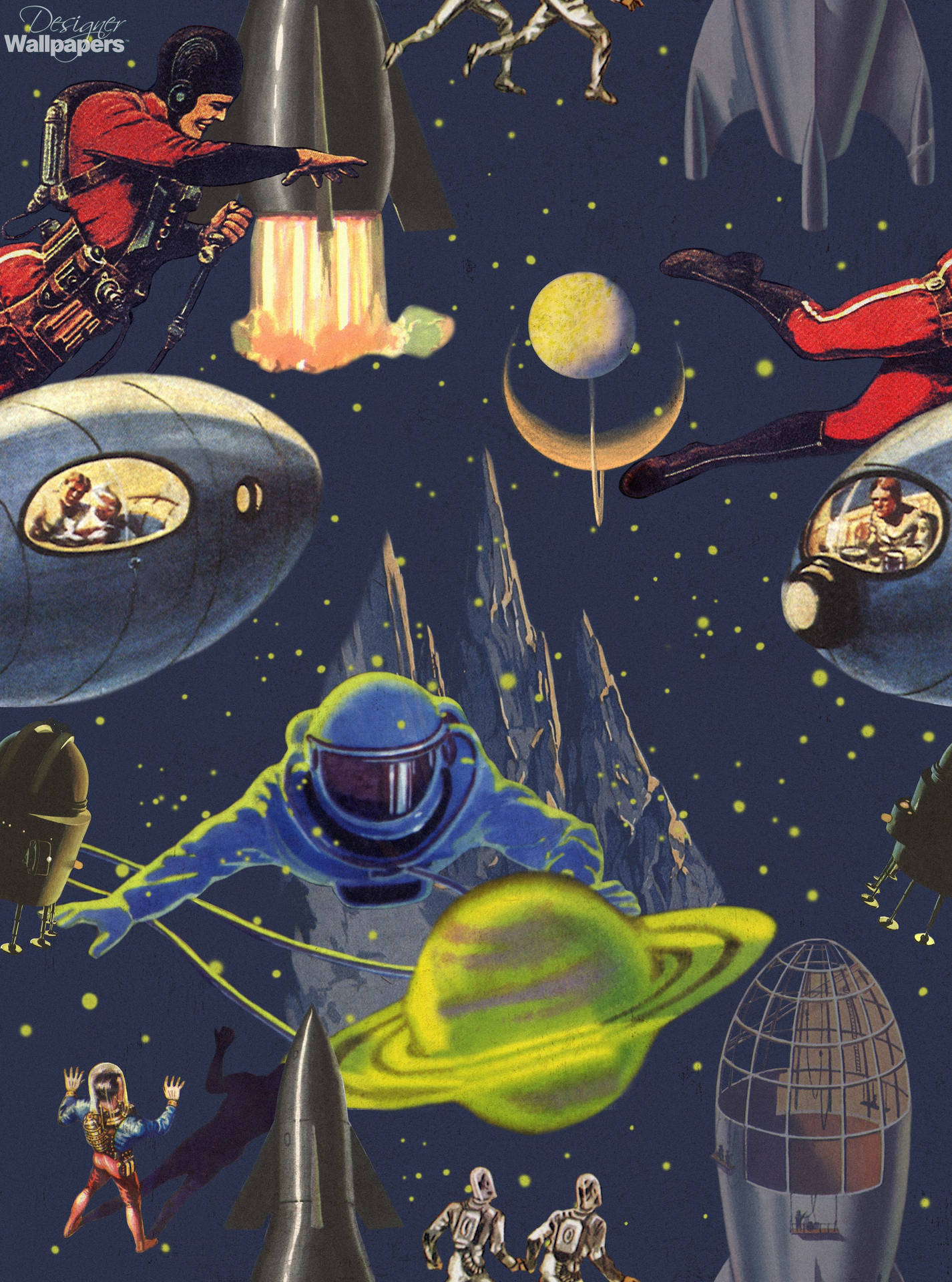 A Space Themed Fabric With Astronauts And Spaceships Wallpaper