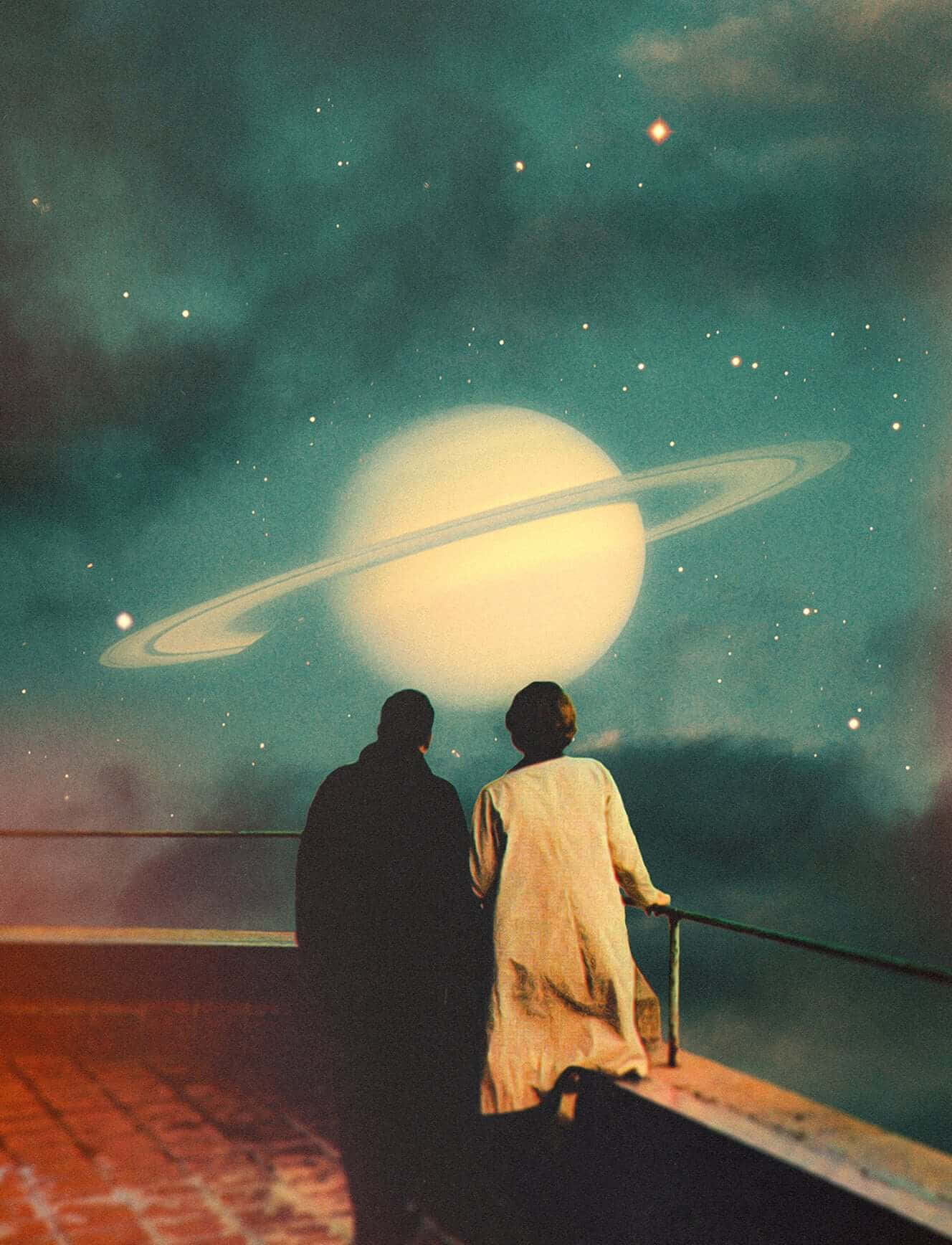 Retro Space Viewing Couple Wallpaper