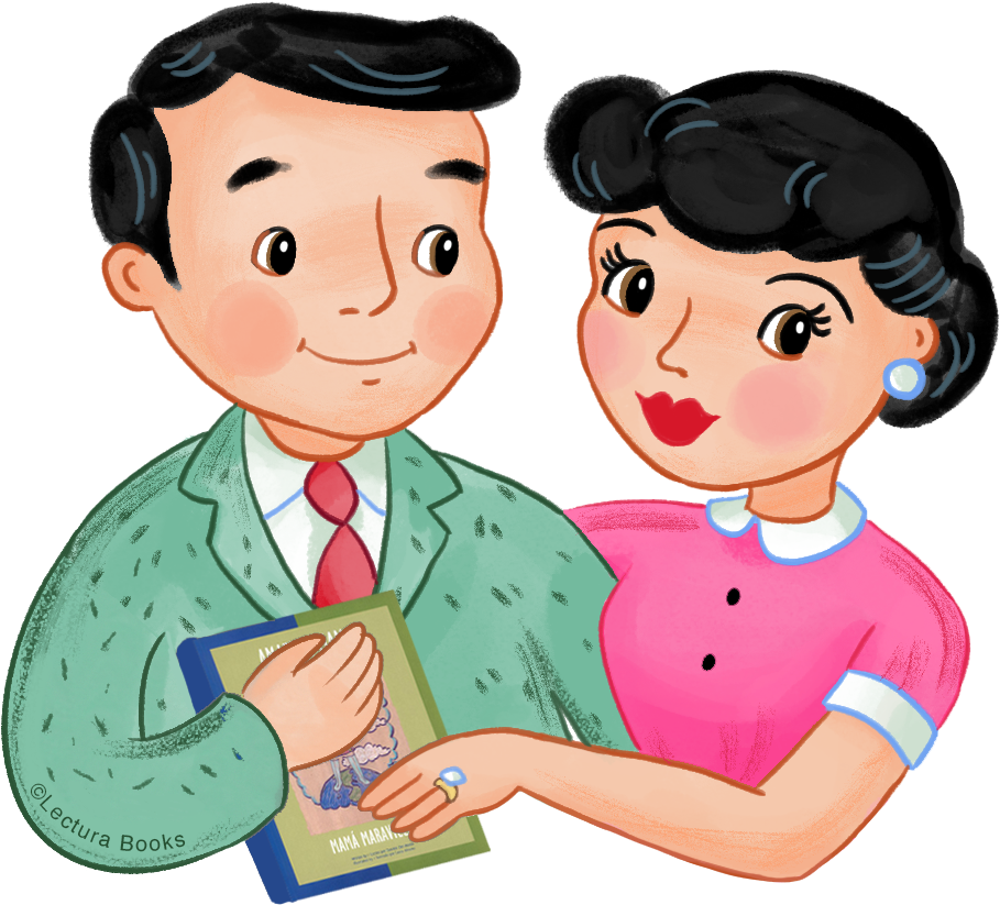 Retro Styled Parents Holding Book PNG