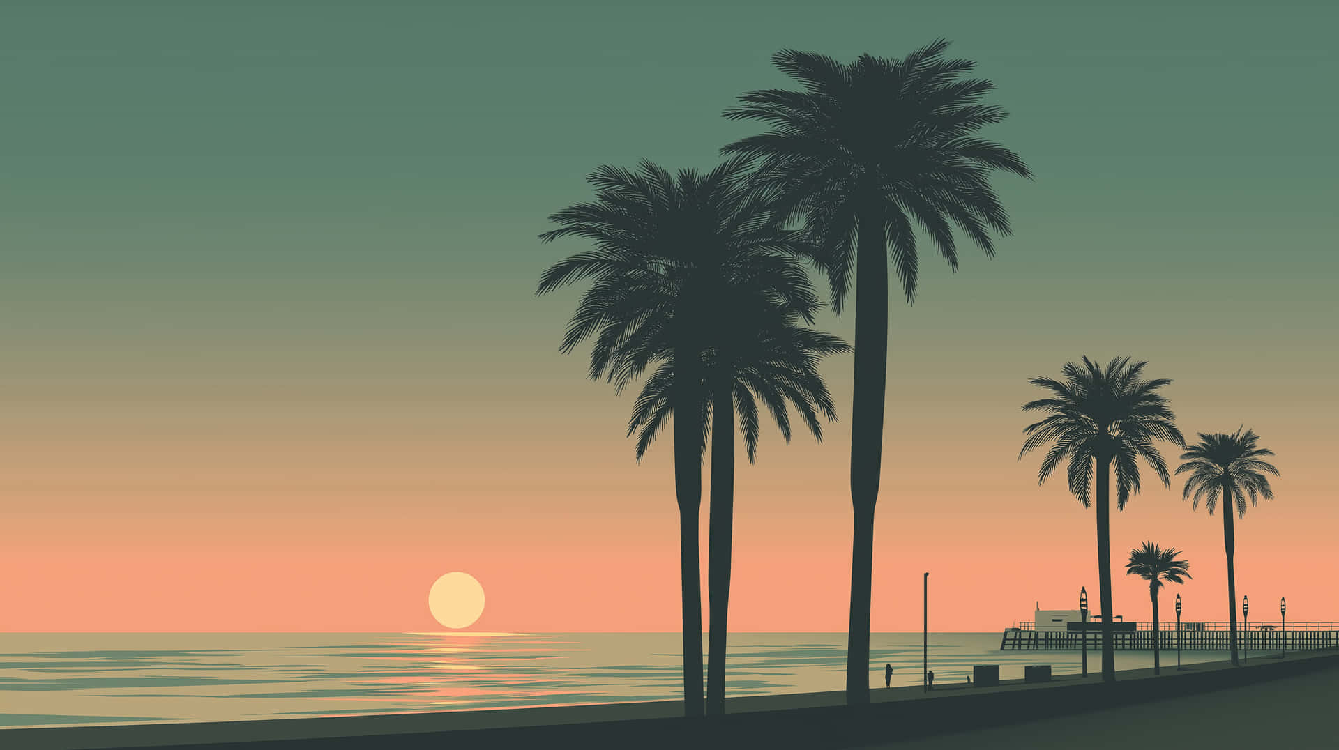 Retro Sunset Beach Landscape With Palm Trees And Ocean Horizon Wallpaper