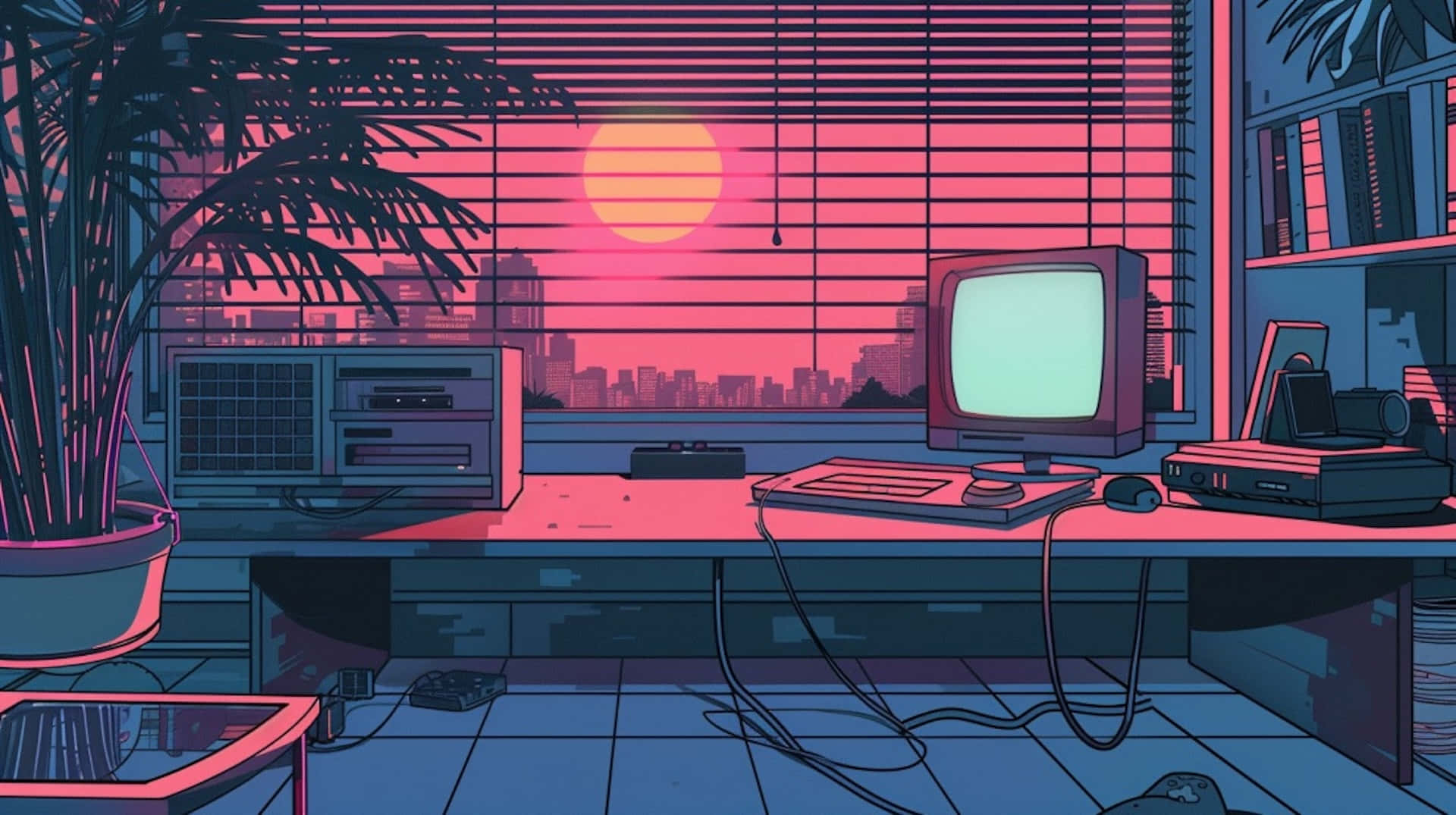 Retro Sunset Office Illustration Wallpaper