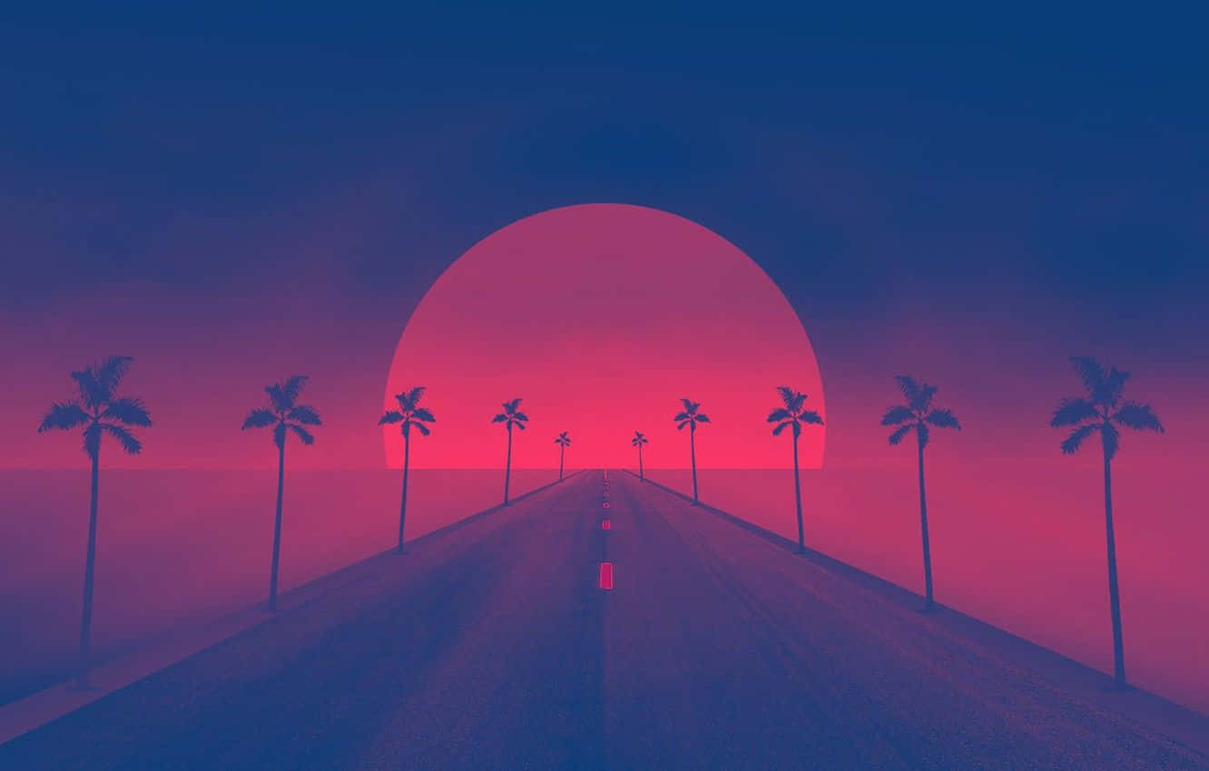 A Road With Palm Trees And A Sunset Wallpaper