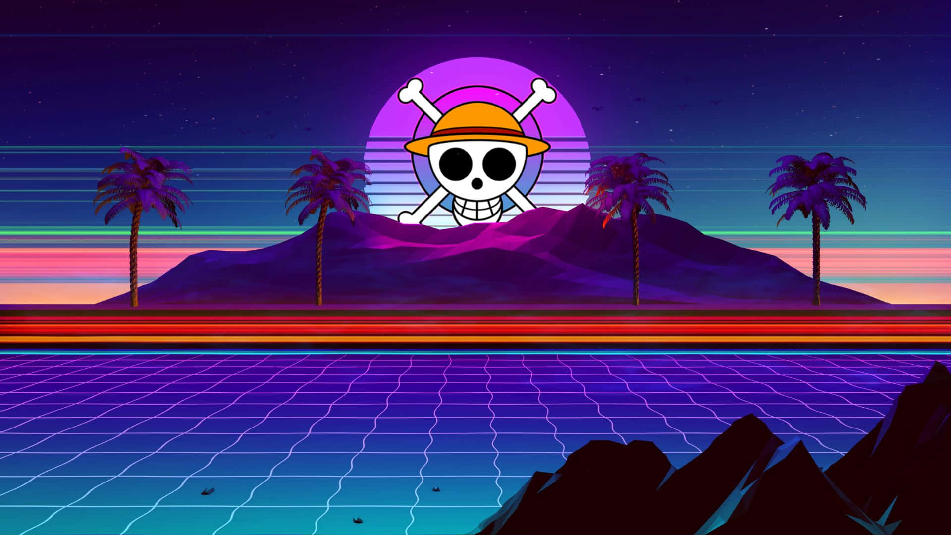 Retro Synthwave Jolly Roger Bakgrunnsbildet