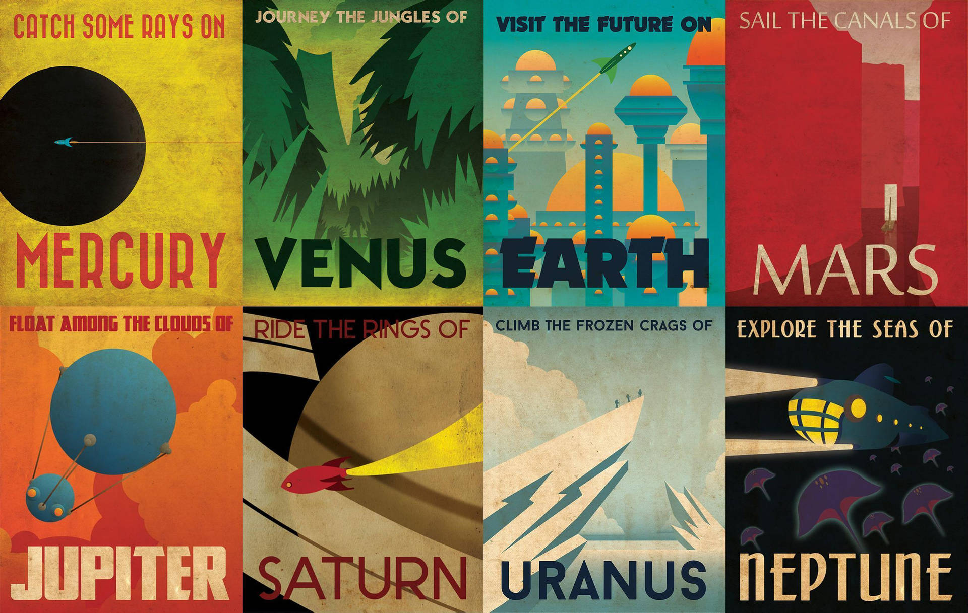 Retrofuturistic Planets Poster Wallpaper
