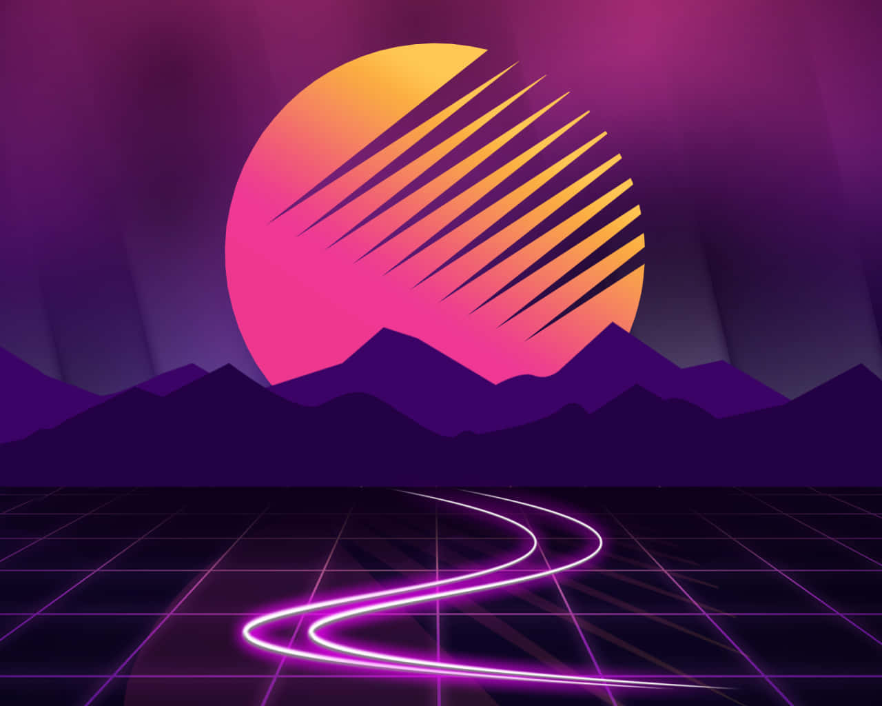 A Purple And Pink Background With A Mountain And Sunset