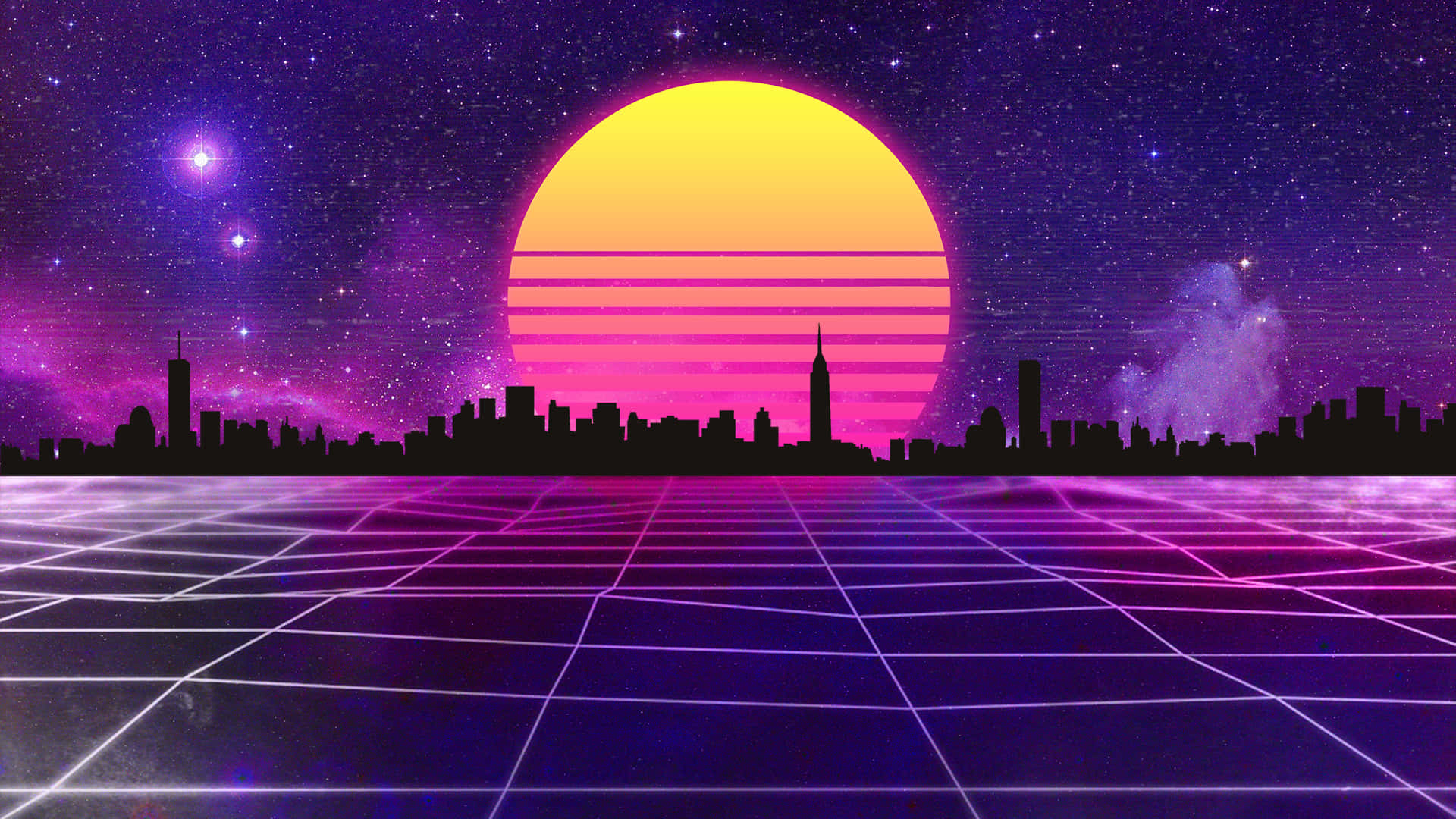 80s Cityscape With A Sun Rising Behind It
