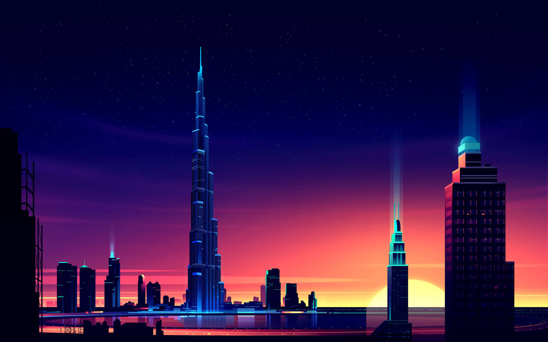A Journey in Time - Sunset Across the Retrowave City Wallpaper