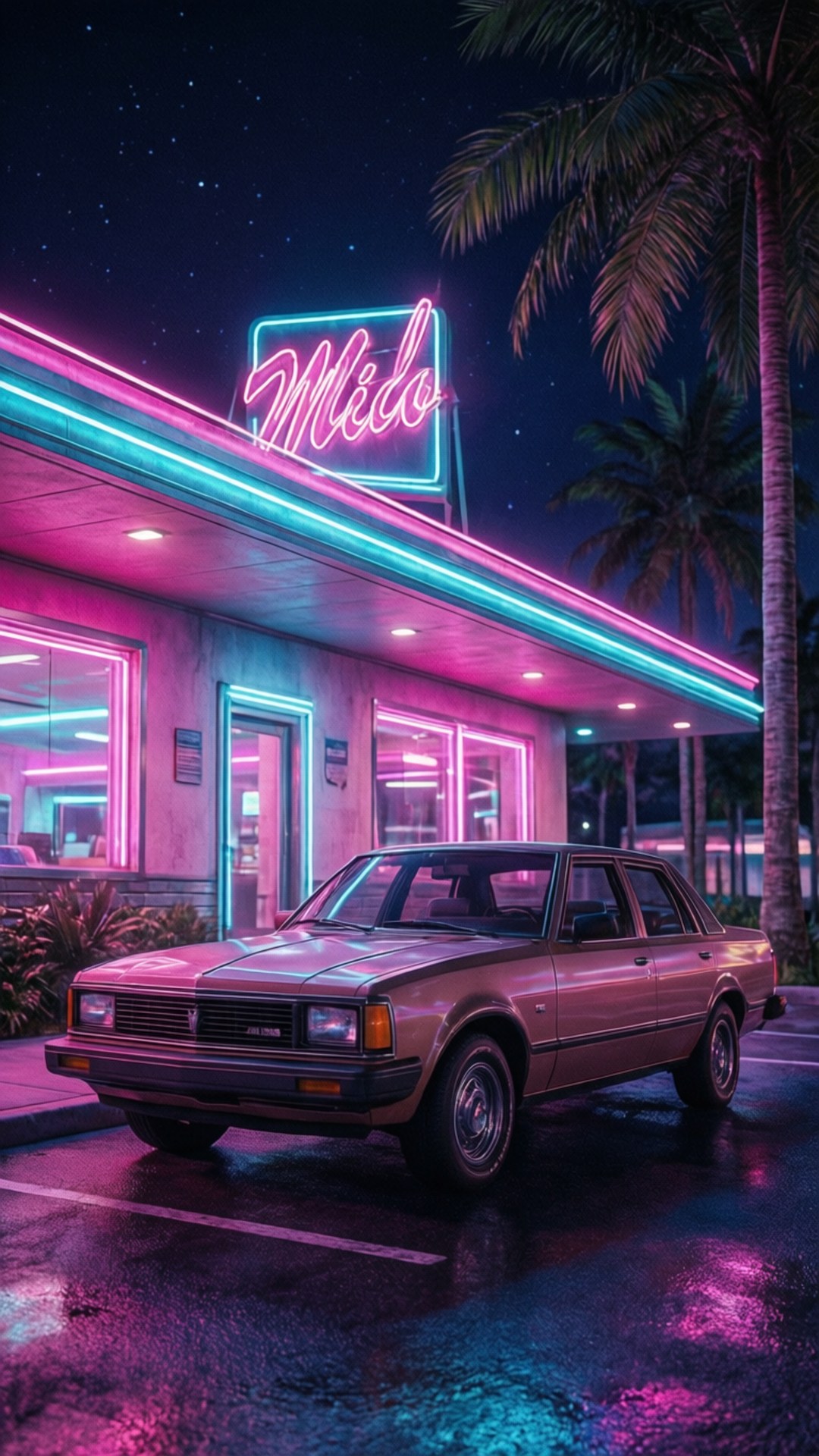 Ästhetisches Profilbild eines Oldtimers mit einem Neon-Diner bei Nacht, Retrowave-Stil.