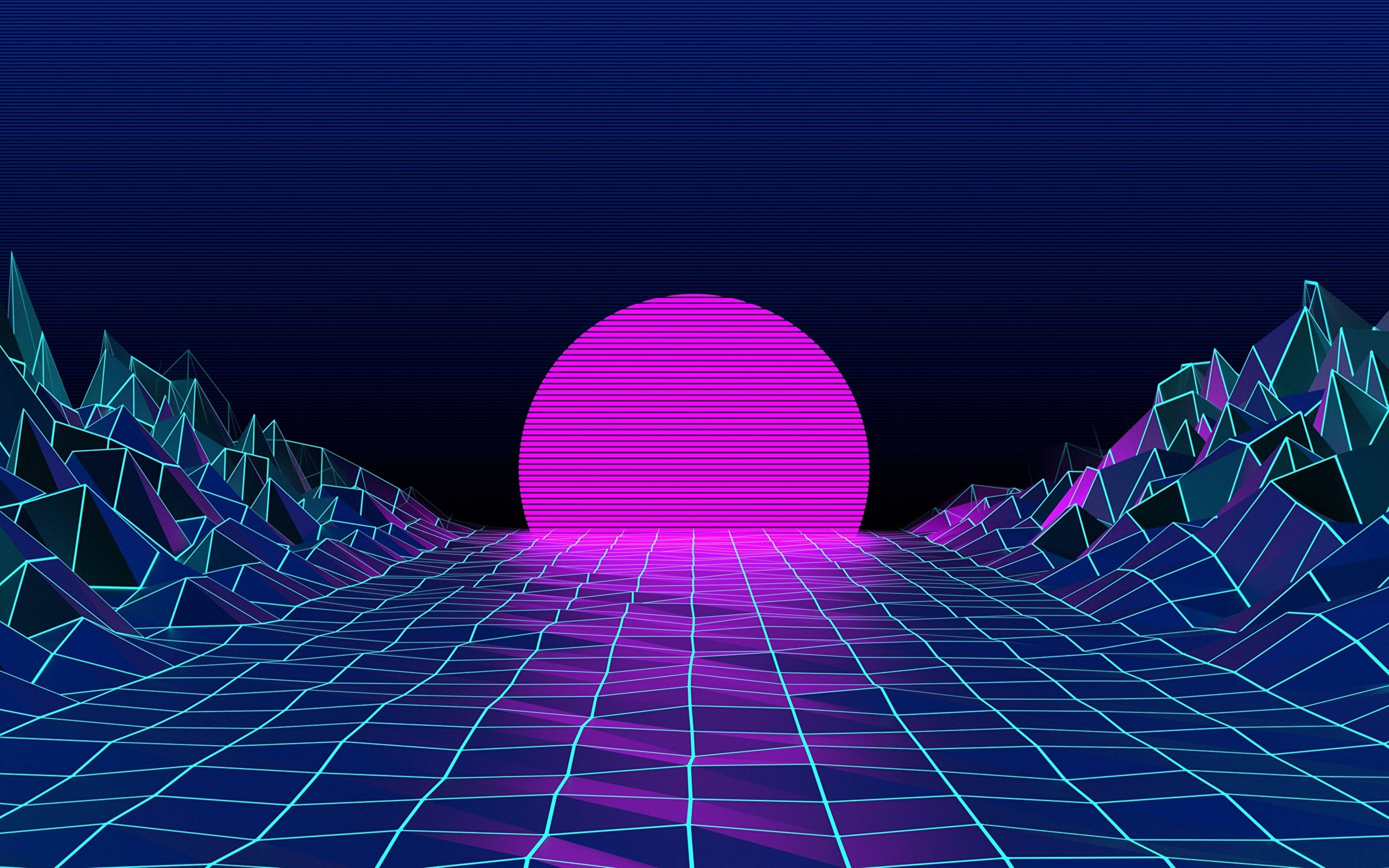 Retrowave Neon Purple Moon Grid Field 4k Wallpaper
