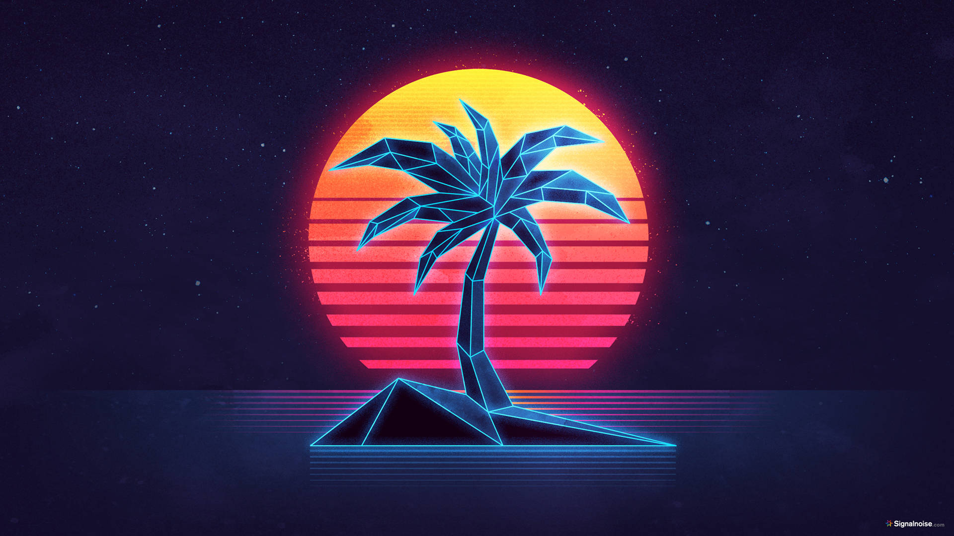 Escape to paradise with a journey to a Retrowave Tropical Island Wallpaper